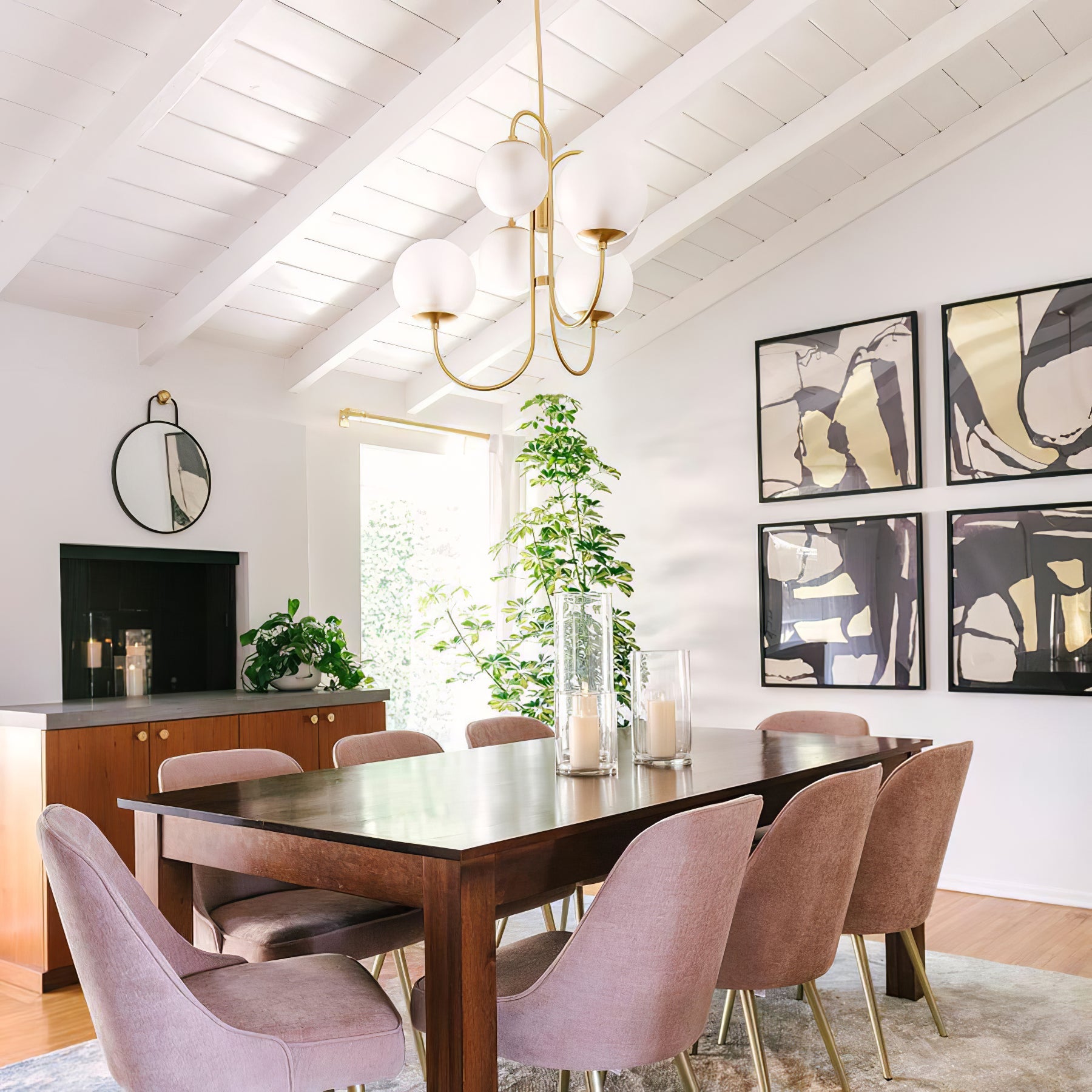 Gooseneck Chandelier | Salt-Blasted Glass Globes | Gold and Black