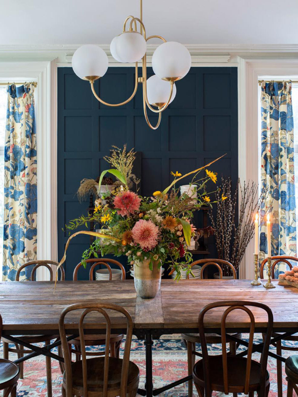 Gooseneck Chandelier | Salt-Blasted Glass Globes | Gold and Black