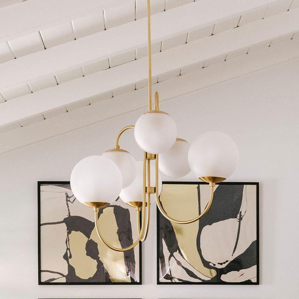 Gooseneck Chandelier | Salt-Blasted Glass Globes | Gold and Black