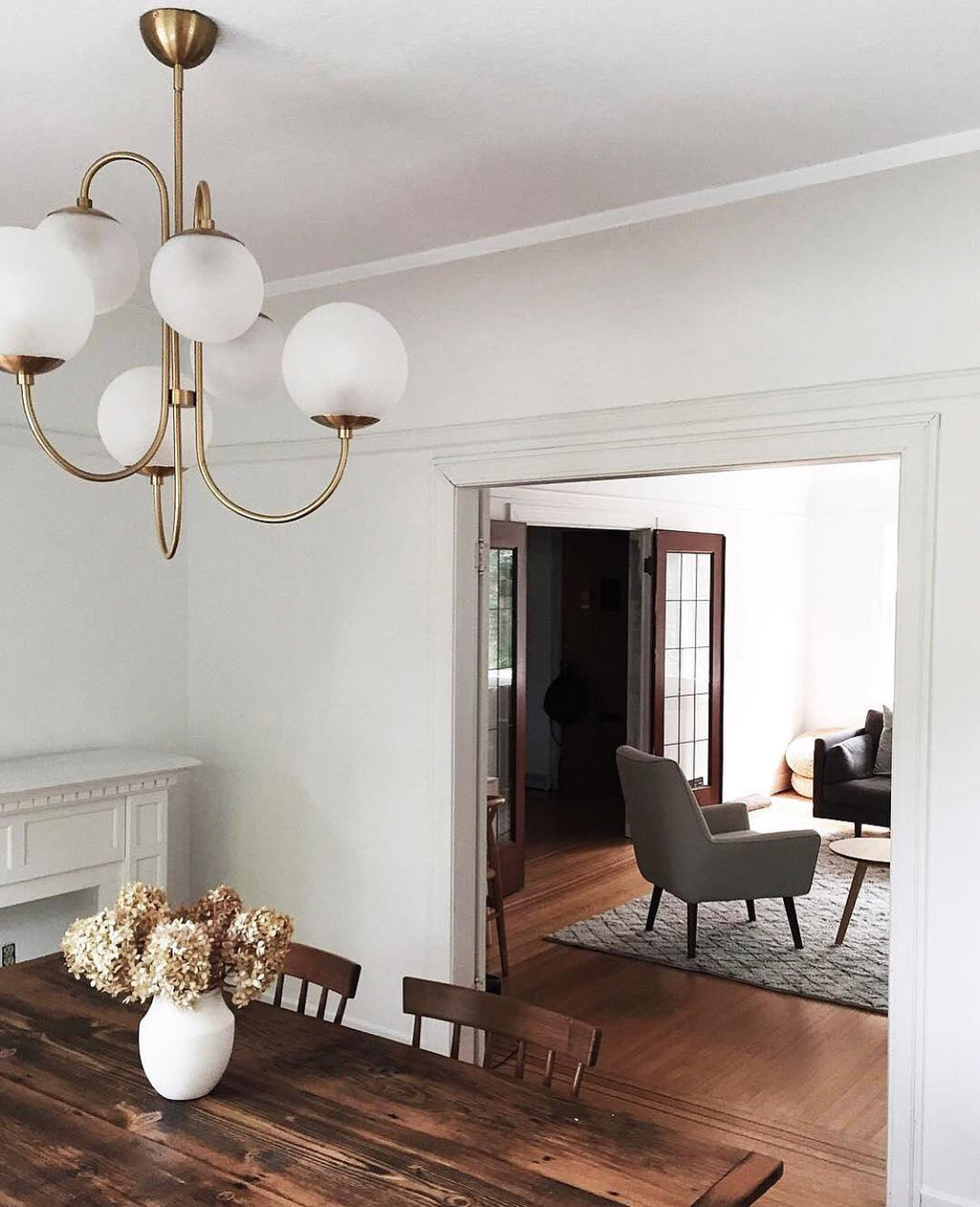 Gooseneck Chandelier | Salt-Blasted Glass Globes | Gold and Black