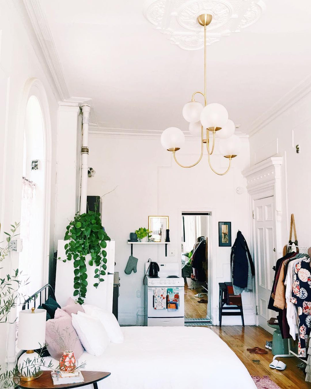 Gooseneck Chandelier | Salt-Blasted Glass Globes | Gold and Black