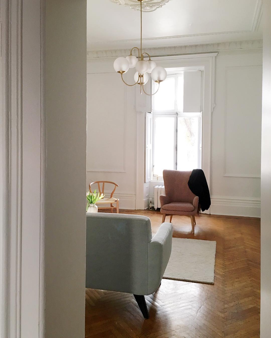 Gooseneck Chandelier | Salt-Blasted Glass Globes | Gold and Black