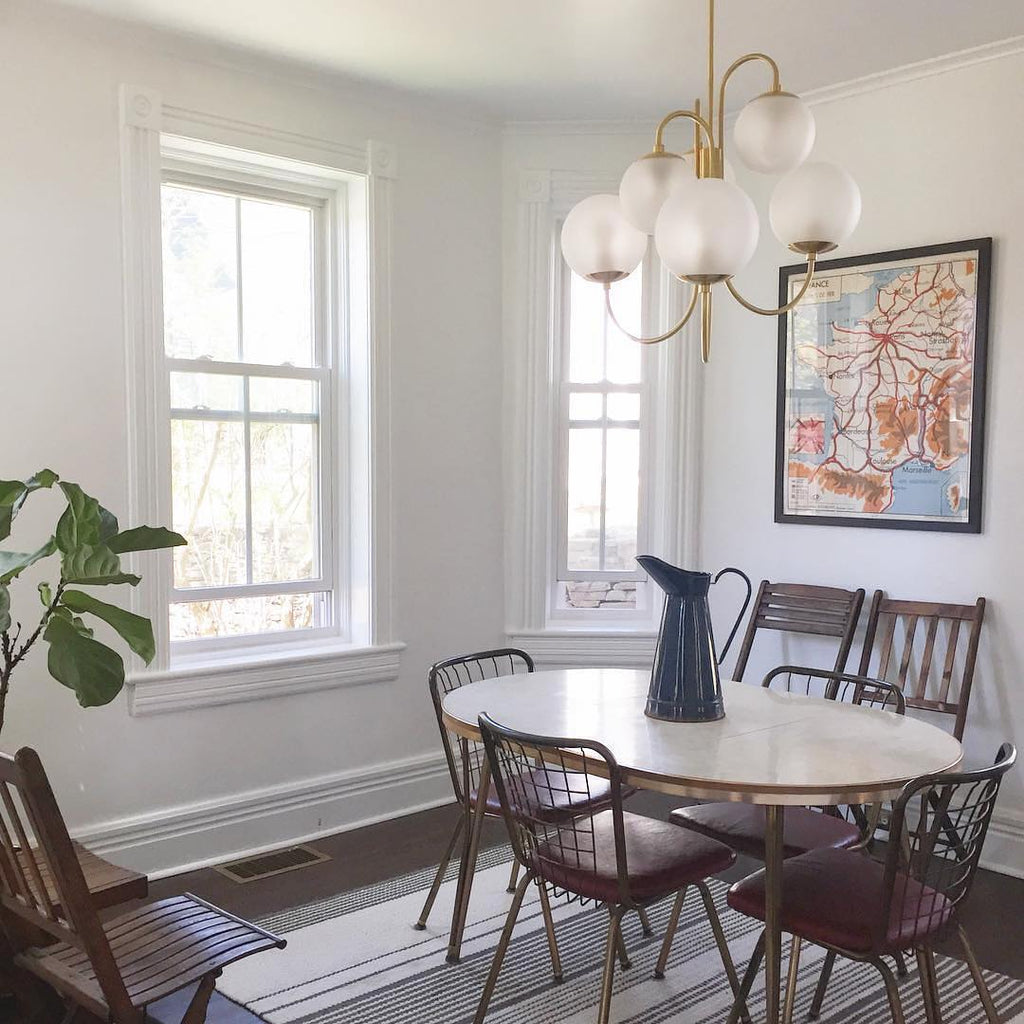 Gooseneck Chandelier | Salt-Blasted Glass Globes | Gold and Black