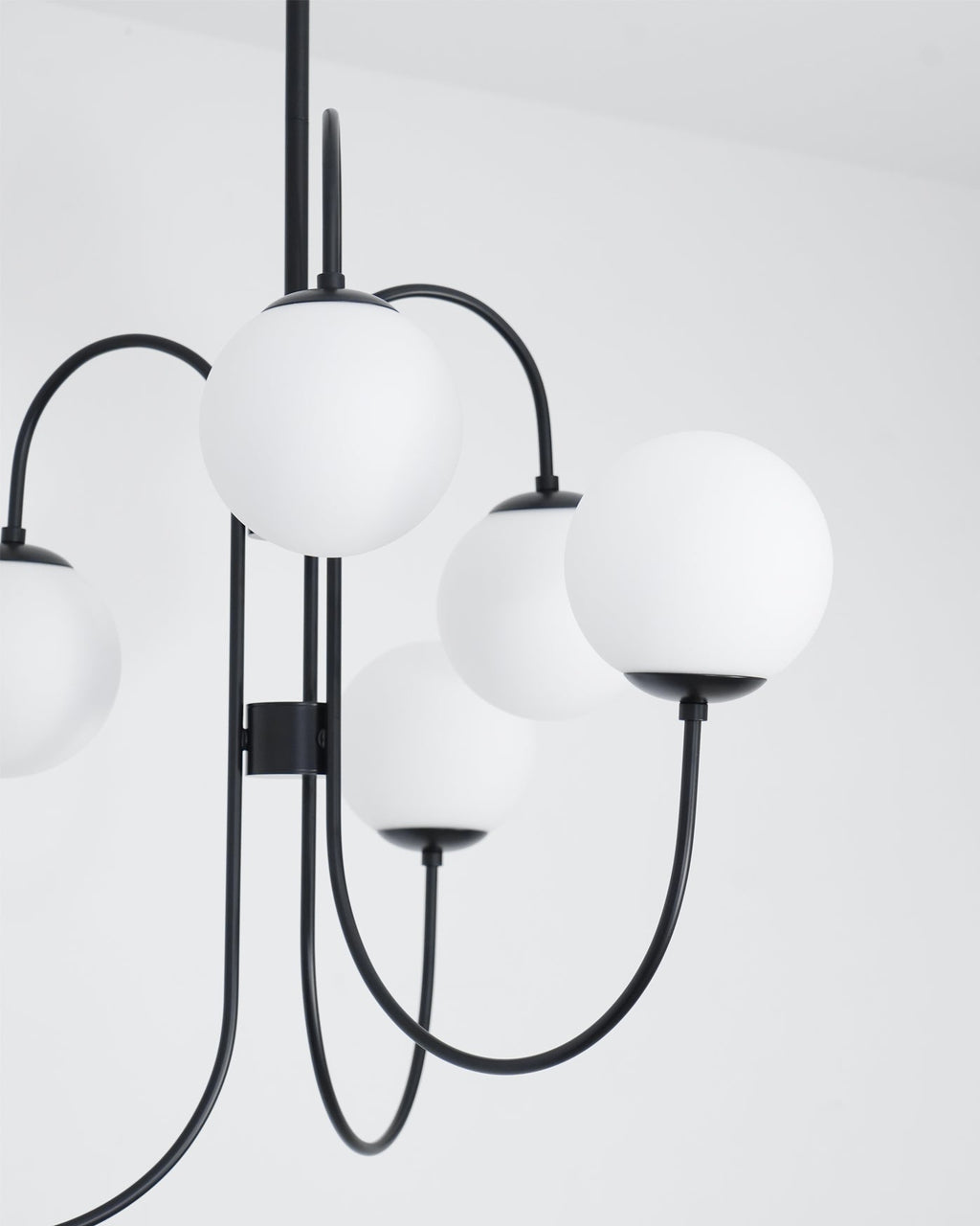 Gooseneck Chandelier | Salt-Blasted Glass Globes | Gold and Black