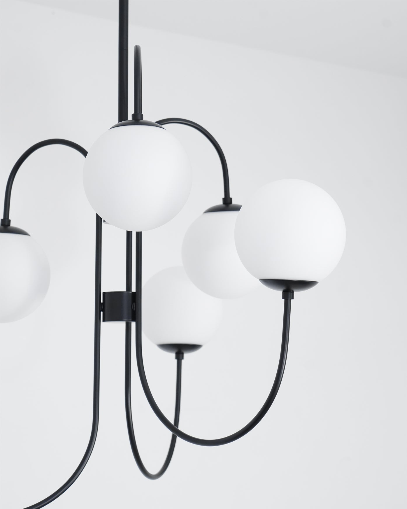 Gooseneck Chandelier | Salt-Blasted Glass Globes | Gold and Black