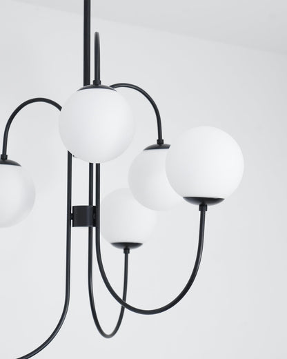 Gooseneck Chandelier | Salt-Blasted Glass Globes | Gold and Black