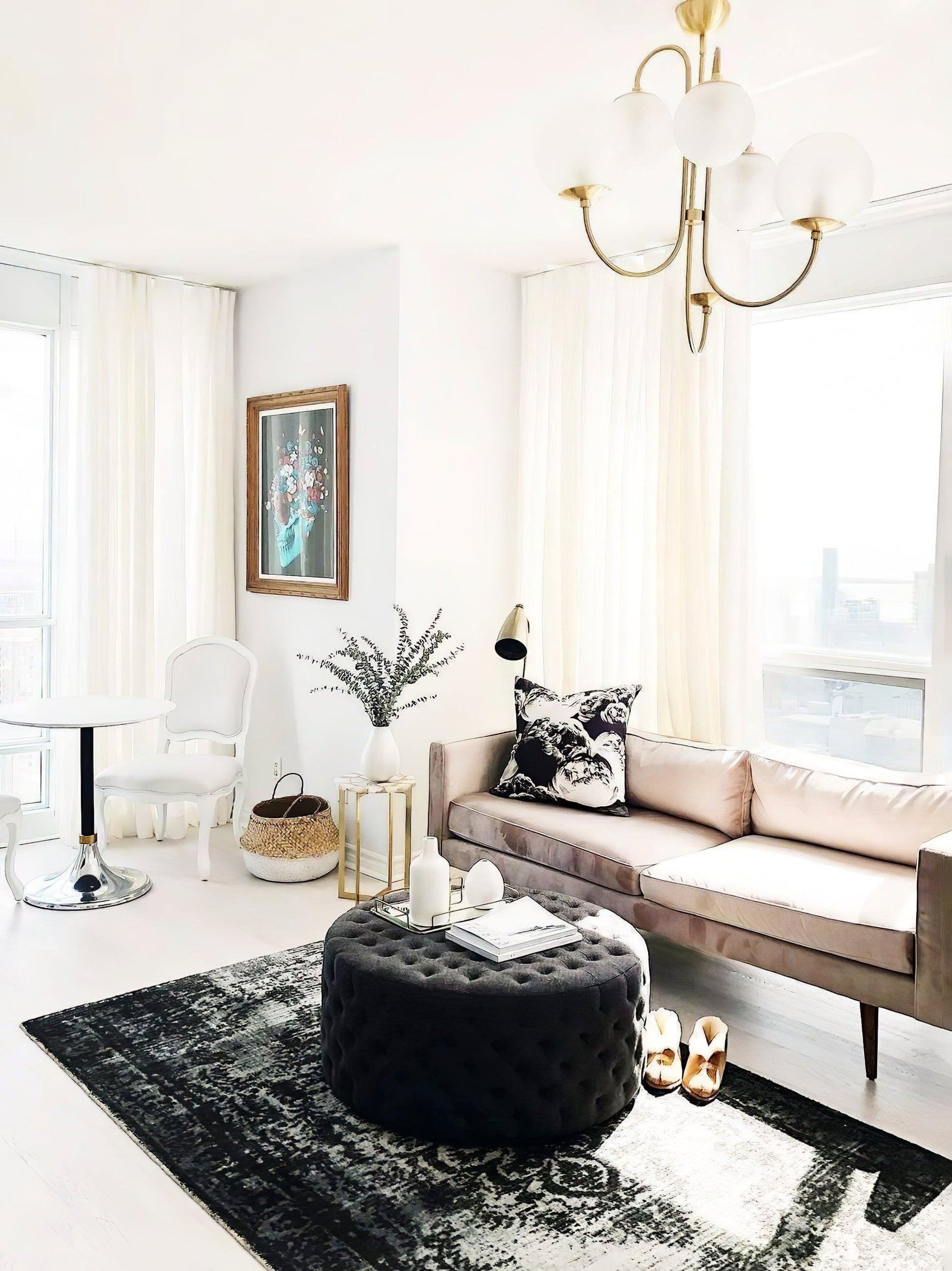 Gooseneck Chandelier | Salt-Blasted Glass Globes | Gold and Black