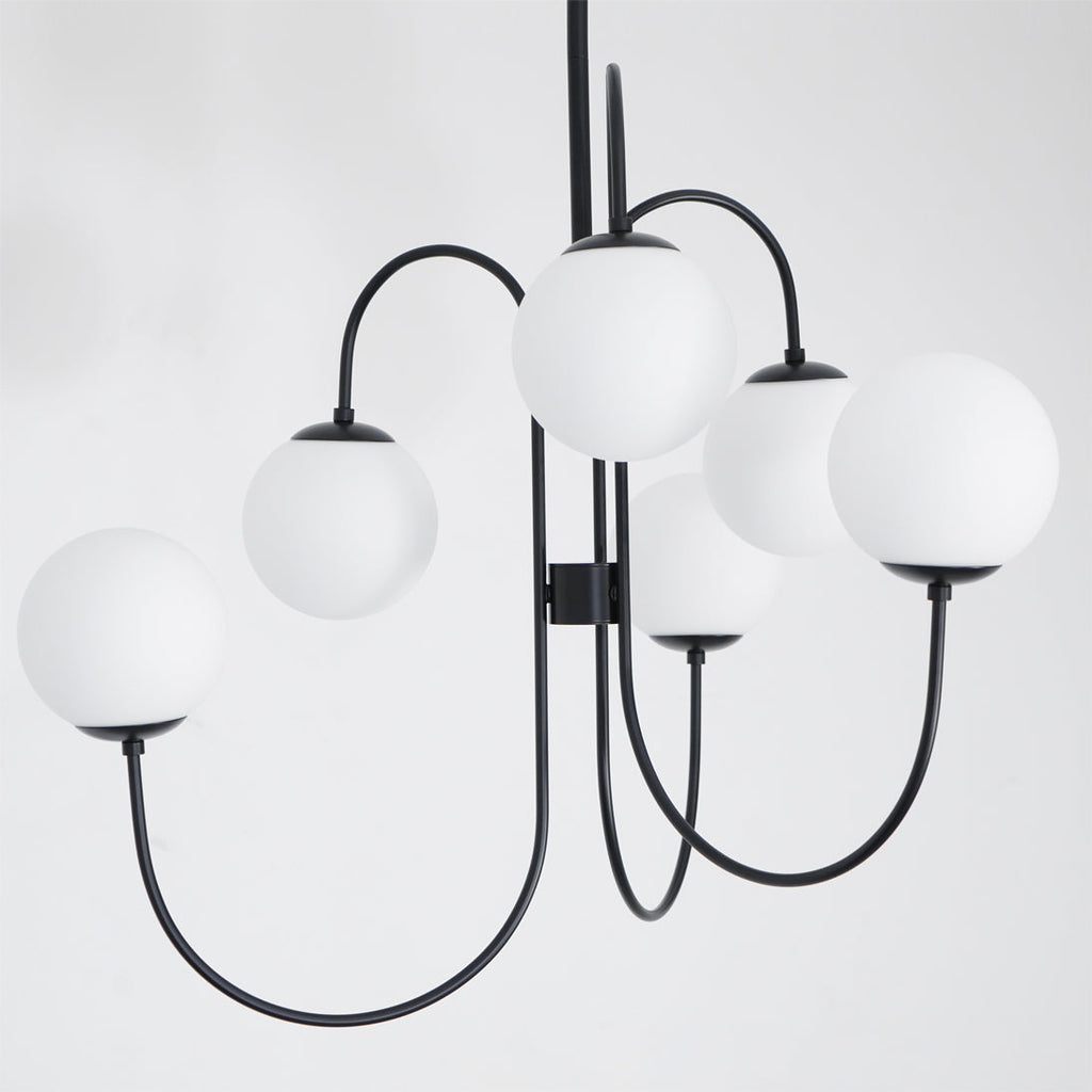 Gooseneck Chandelier | Salt-Blasted Glass Globes | Gold and Black