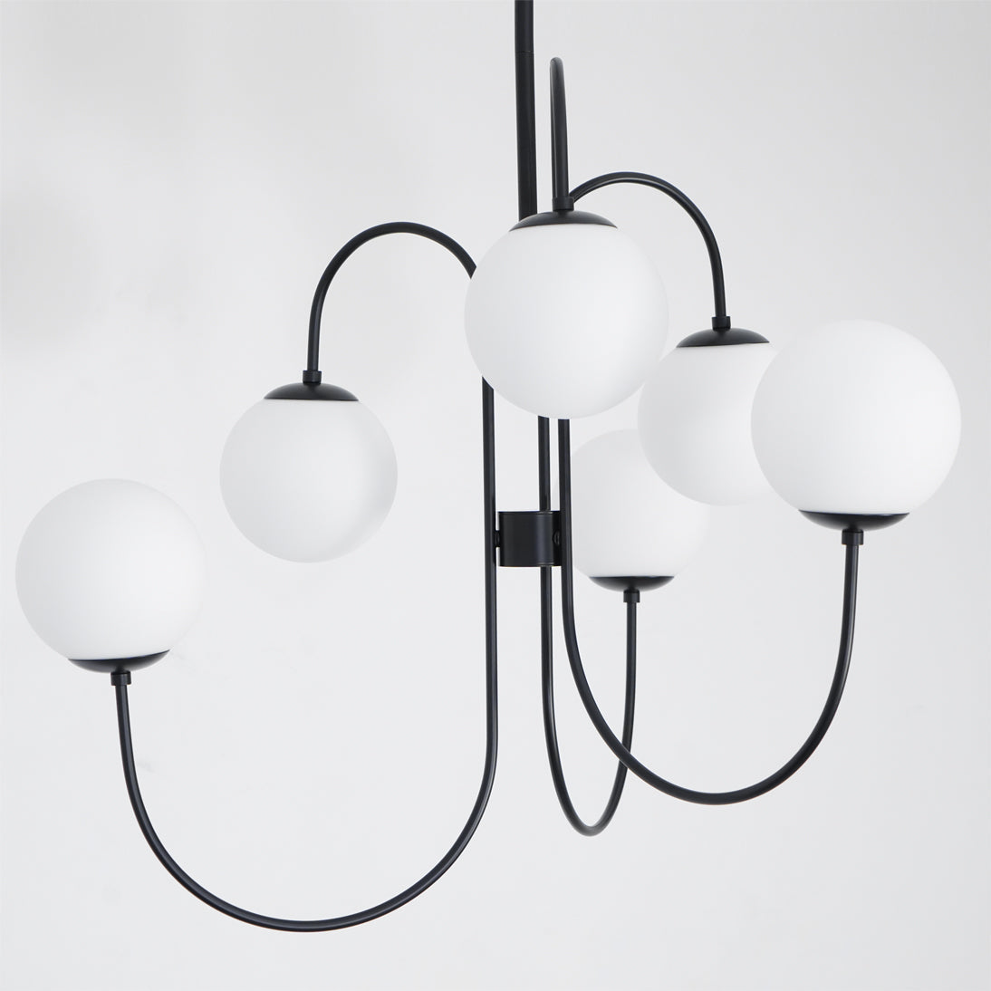 Gooseneck Chandelier | Salt-Blasted Glass Globes | Gold and Black