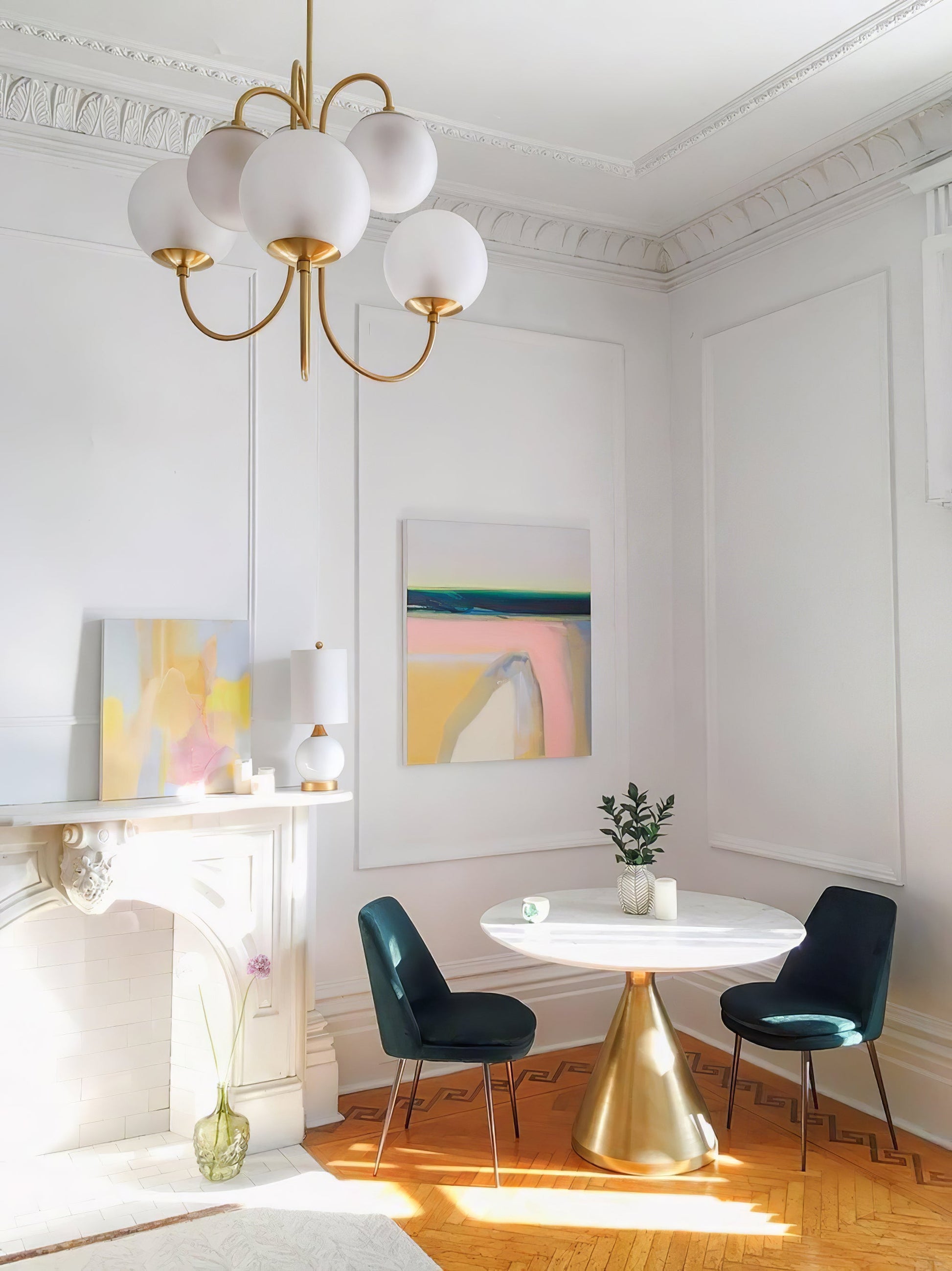 Gooseneck Chandelier | Salt-Blasted Glass Globes | Gold and Black