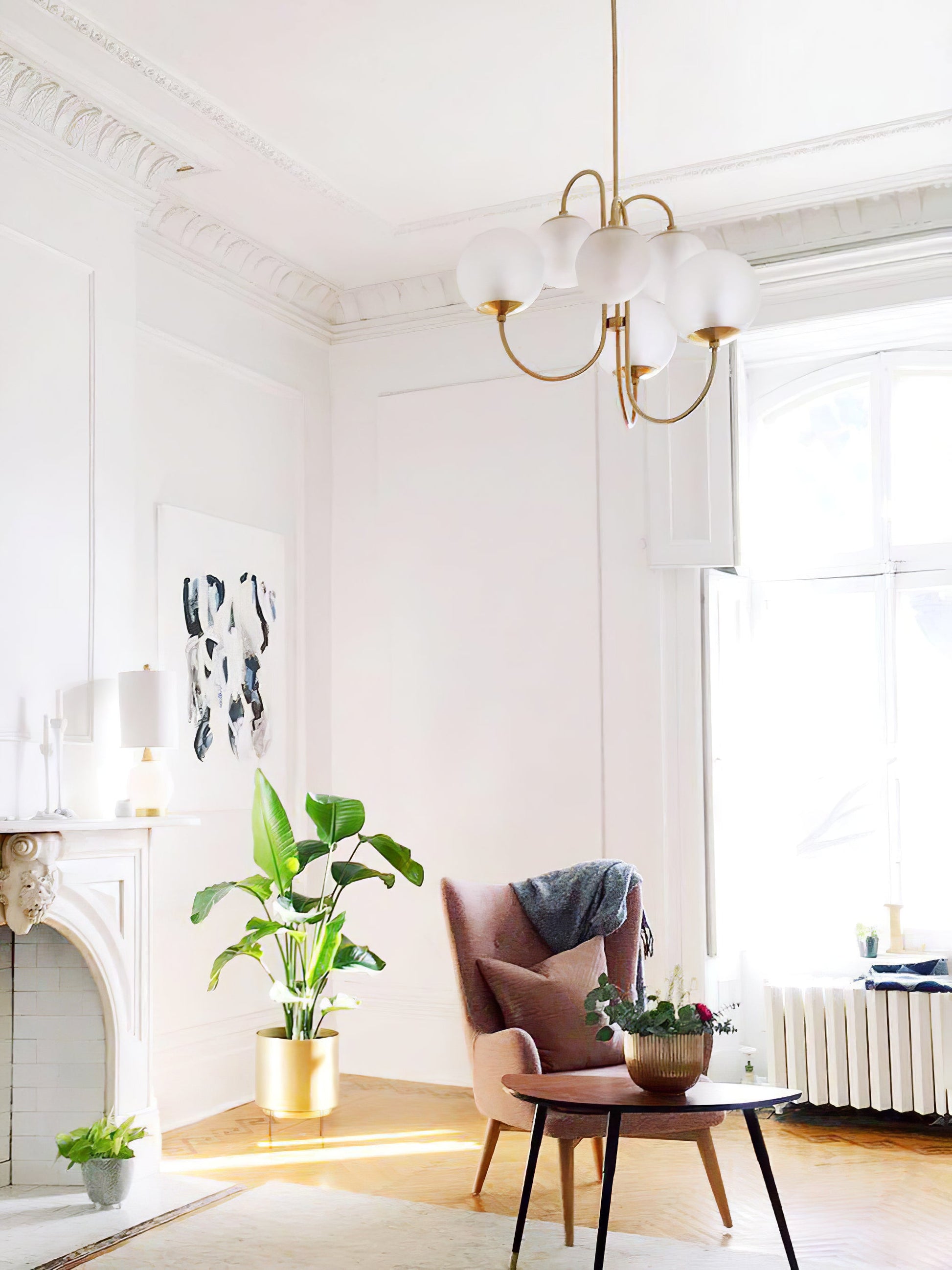 Gooseneck Chandelier | Salt-Blasted Glass Globes | Gold and Black