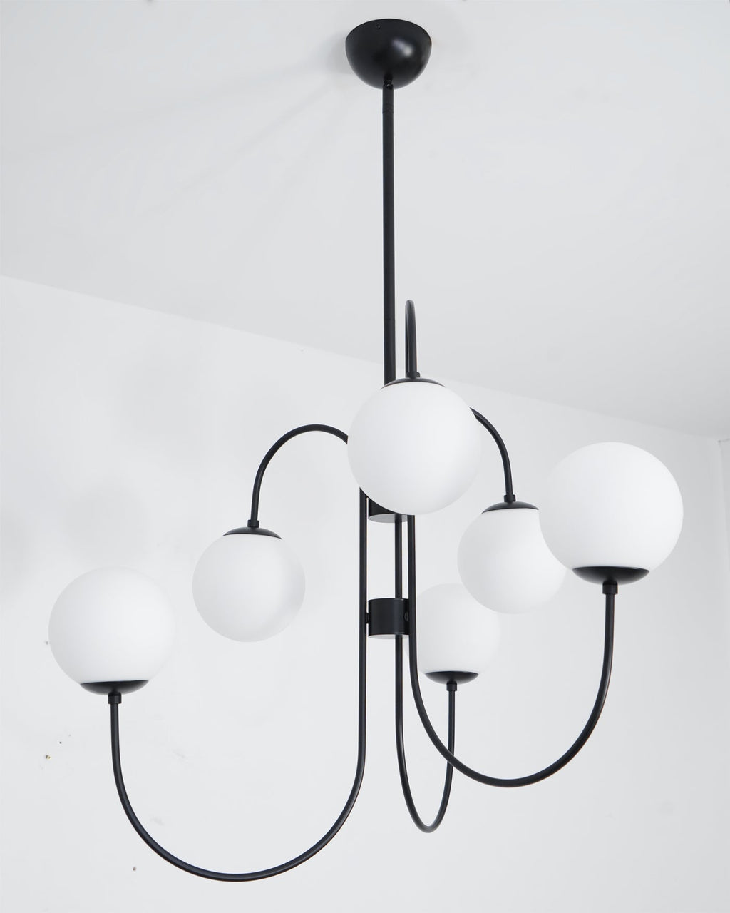 Gooseneck Chandelier | Salt-Blasted Glass Globes | Gold and Black