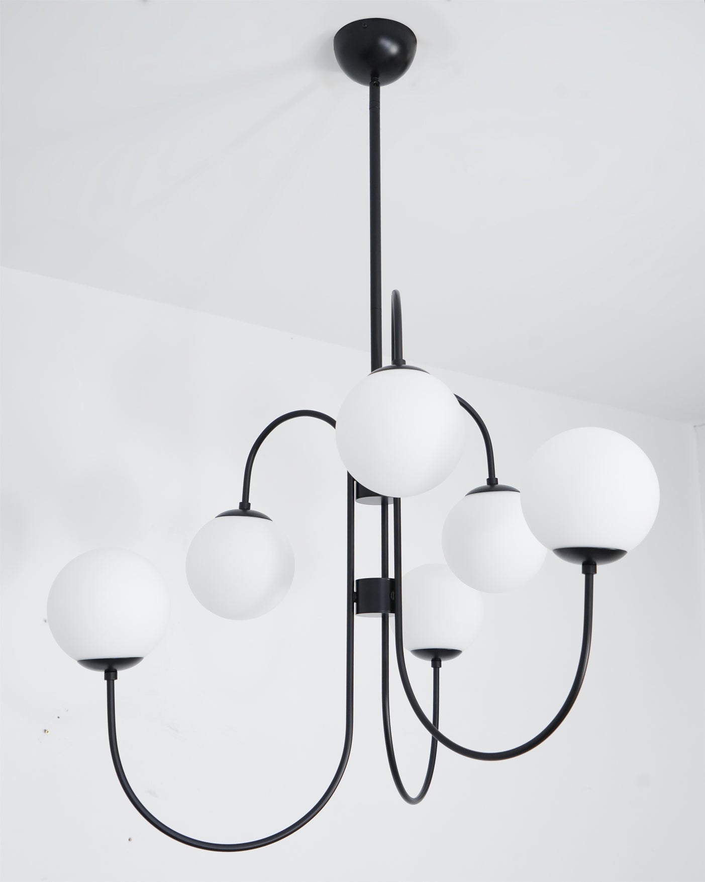 Gooseneck Chandelier | Salt-Blasted Glass Globes | Gold and Black