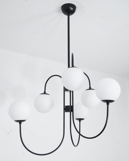 Gooseneck Chandelier | Salt-Blasted Glass Globes | Gold and Black
