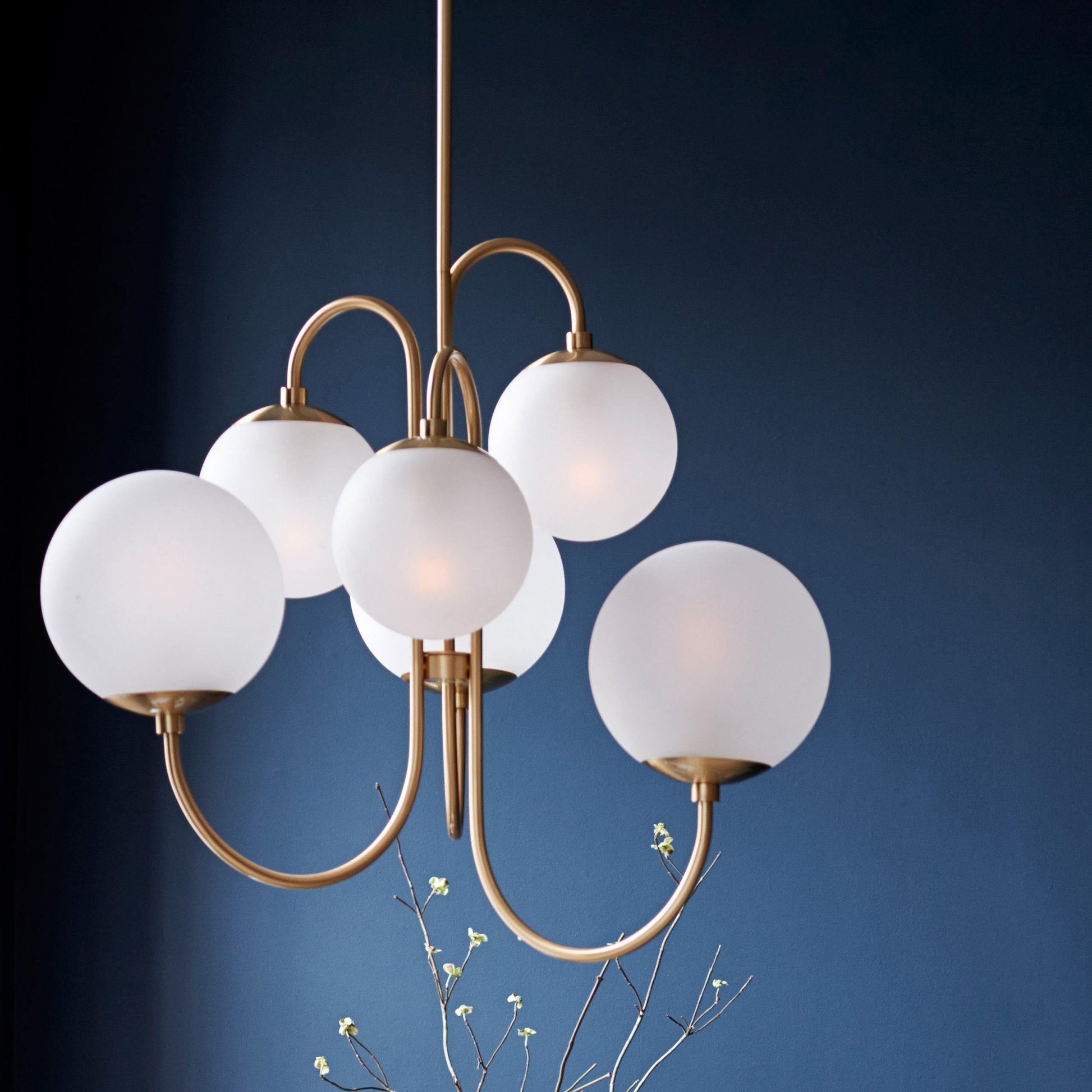 Gooseneck Chandelier | Salt-Blasted Glass Globes | Gold and Black
