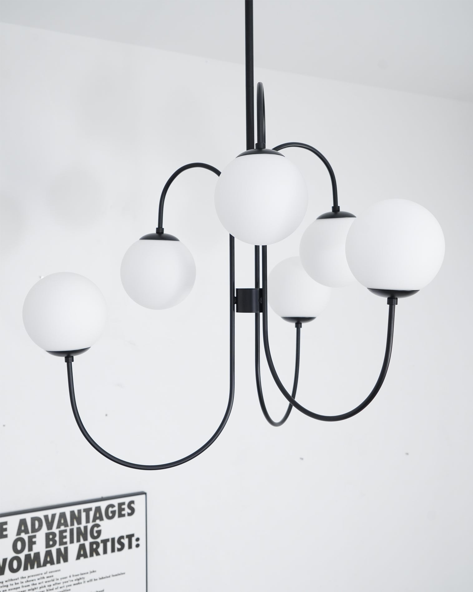 Gooseneck Chandelier | Salt-Blasted Glass Globes | Gold and Black