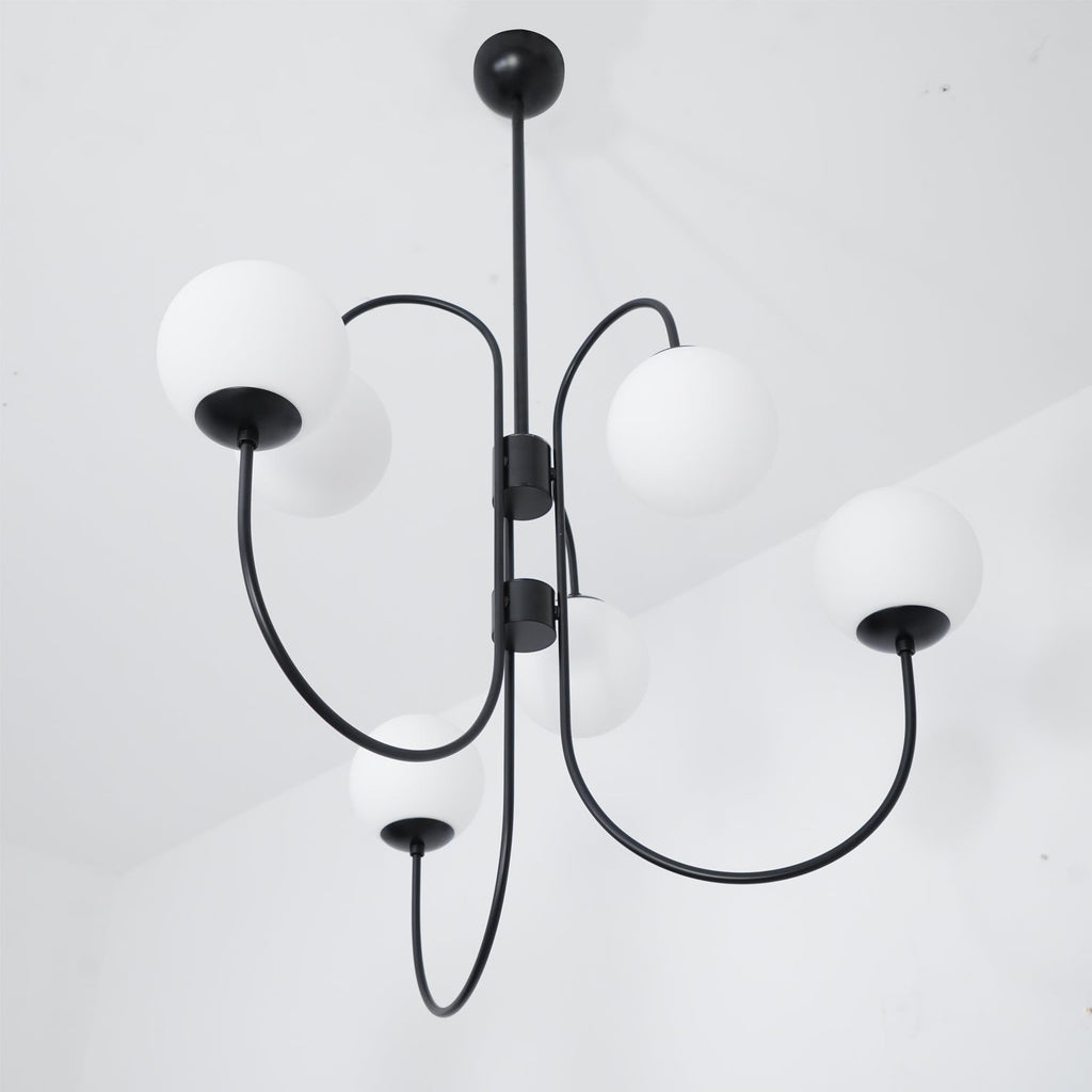 Gooseneck Chandelier | Salt-Blasted Glass Globes | Gold and Black