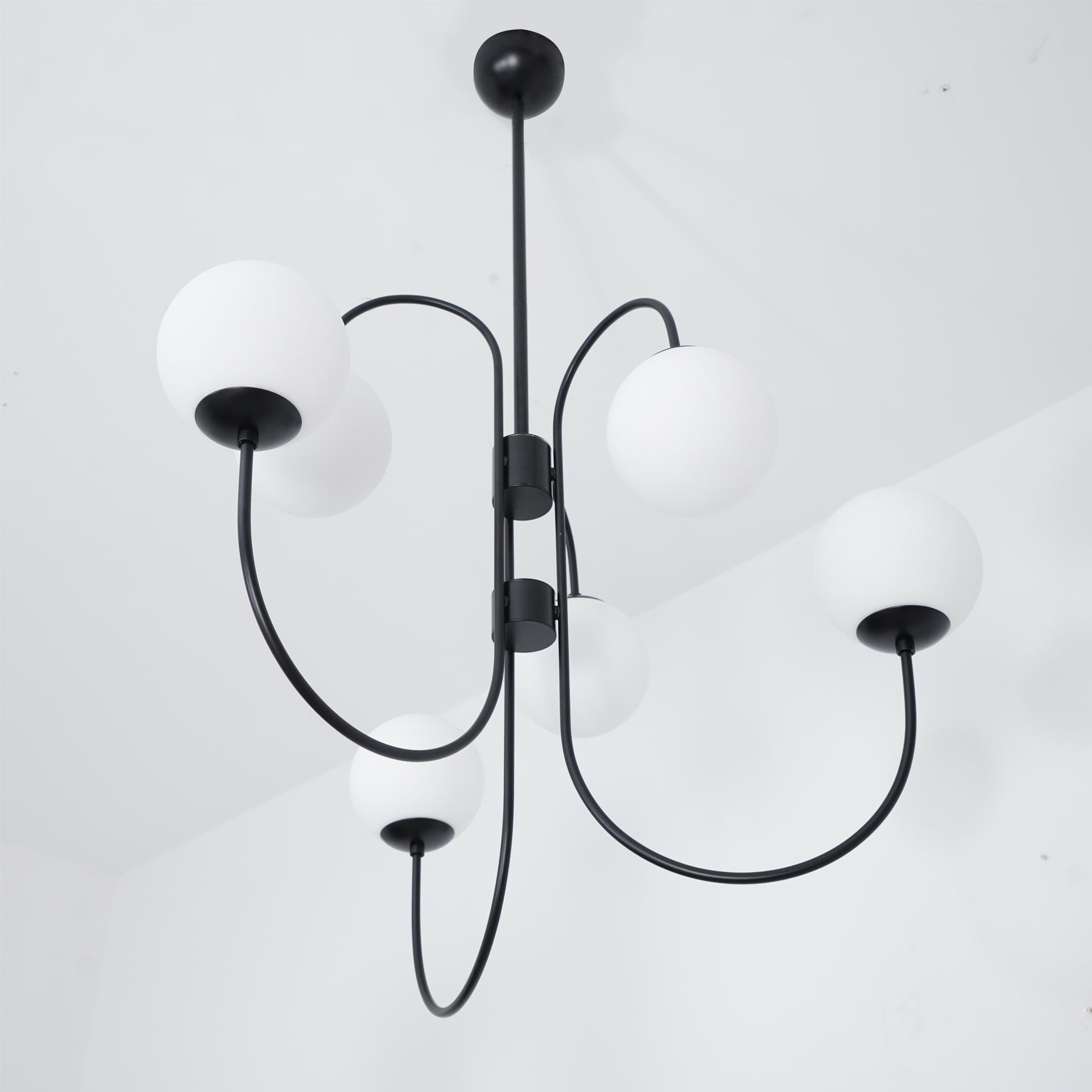 Gooseneck Chandelier | Salt-Blasted Glass Globes | Gold and Black