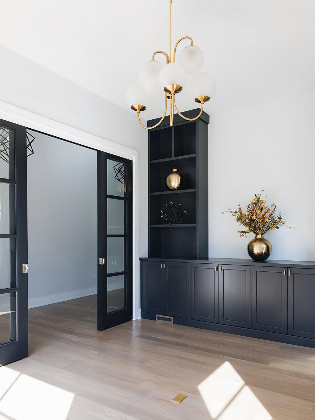 Gooseneck Chandelier | Salt-Blasted Glass Globes | Gold and Black