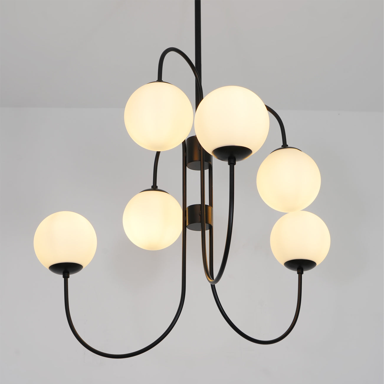 Gooseneck Chandelier | Salt-Blasted Glass Globes | Gold and Black