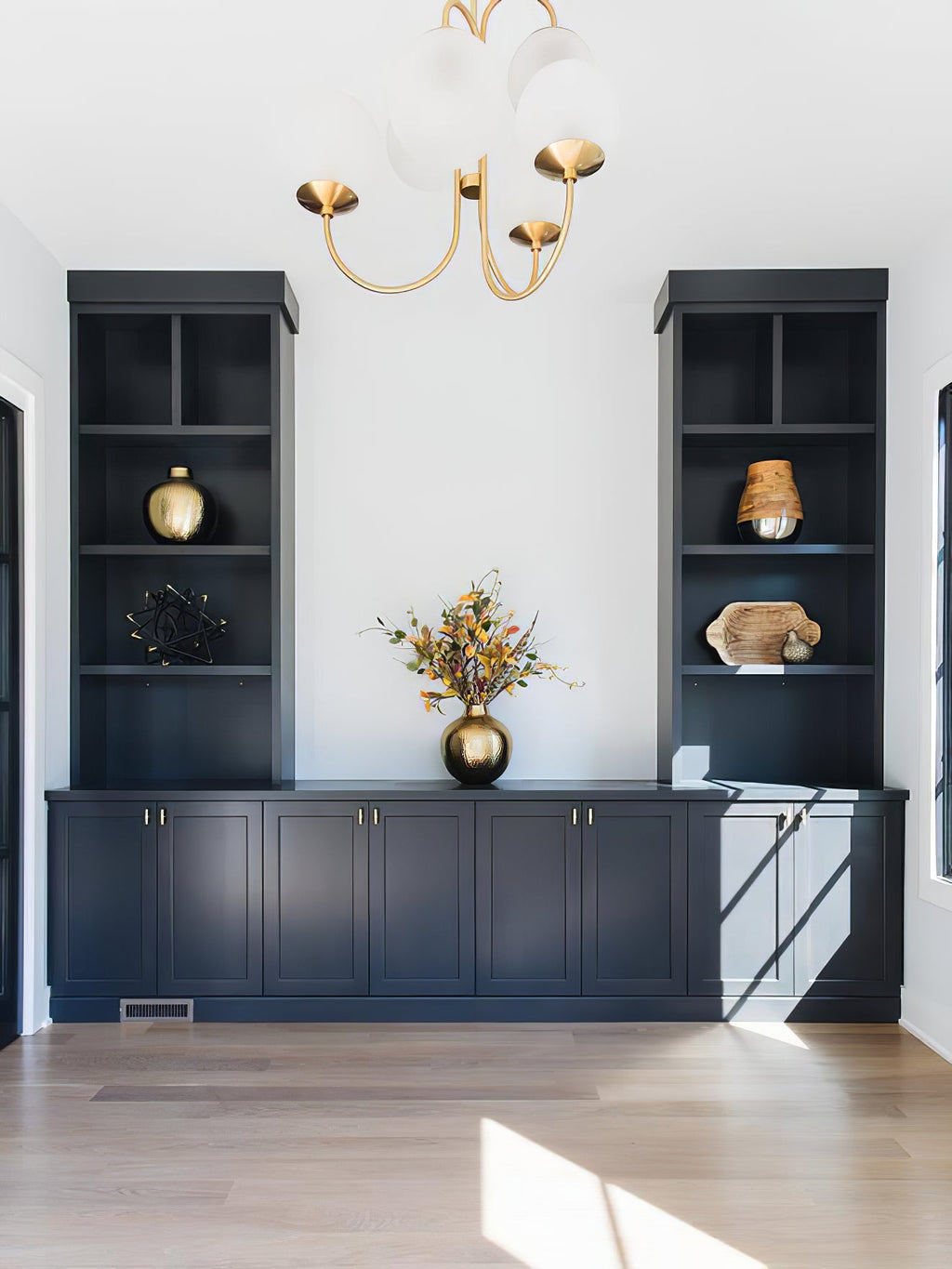 Gooseneck Chandelier | Salt-Blasted Glass Globes | Gold and Black