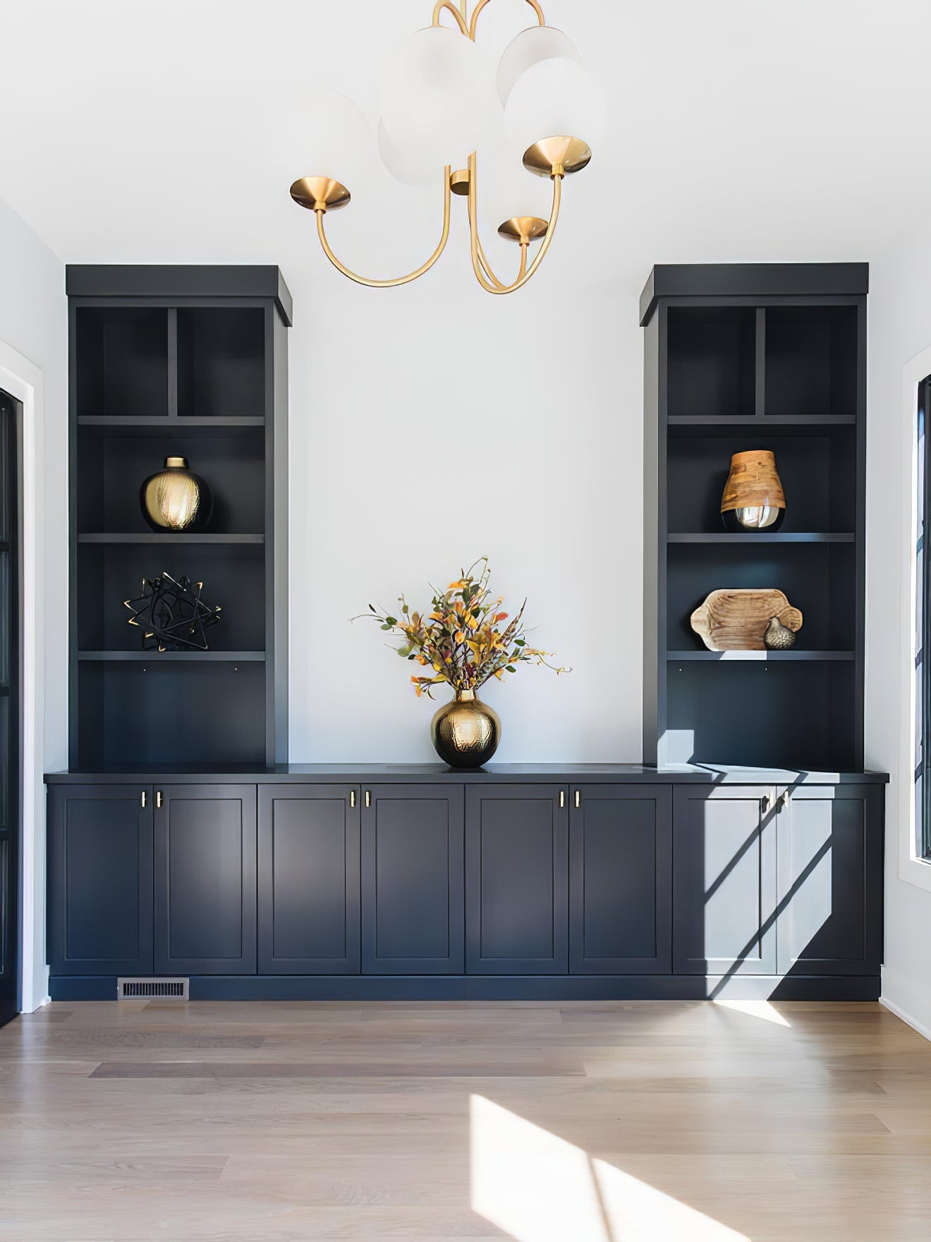 Gooseneck Chandelier | Salt-Blasted Glass Globes | Gold and Black