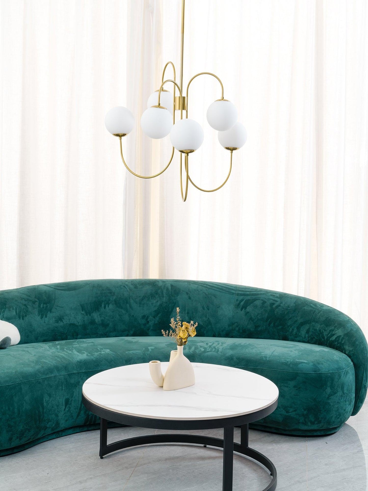 Gooseneck Chandelier | Salt-Blasted Glass Globes | Gold and Black