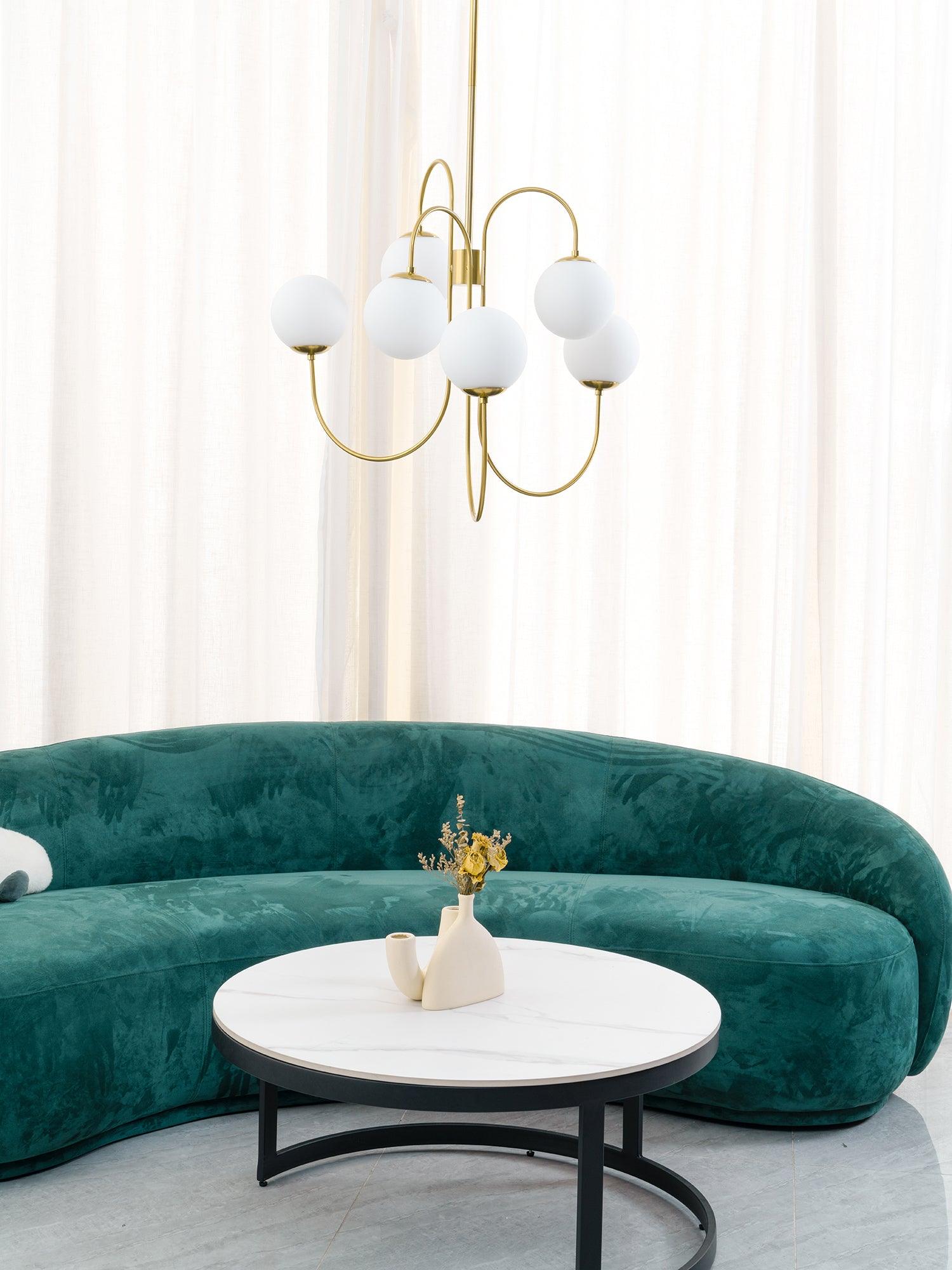 Gooseneck Chandelier | Salt-Blasted Glass Globes | Gold and Black