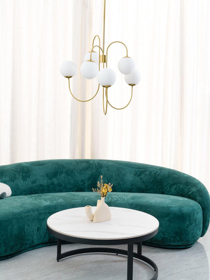 Gooseneck Chandelier | Salt-Blasted Glass Globes | Gold and Black