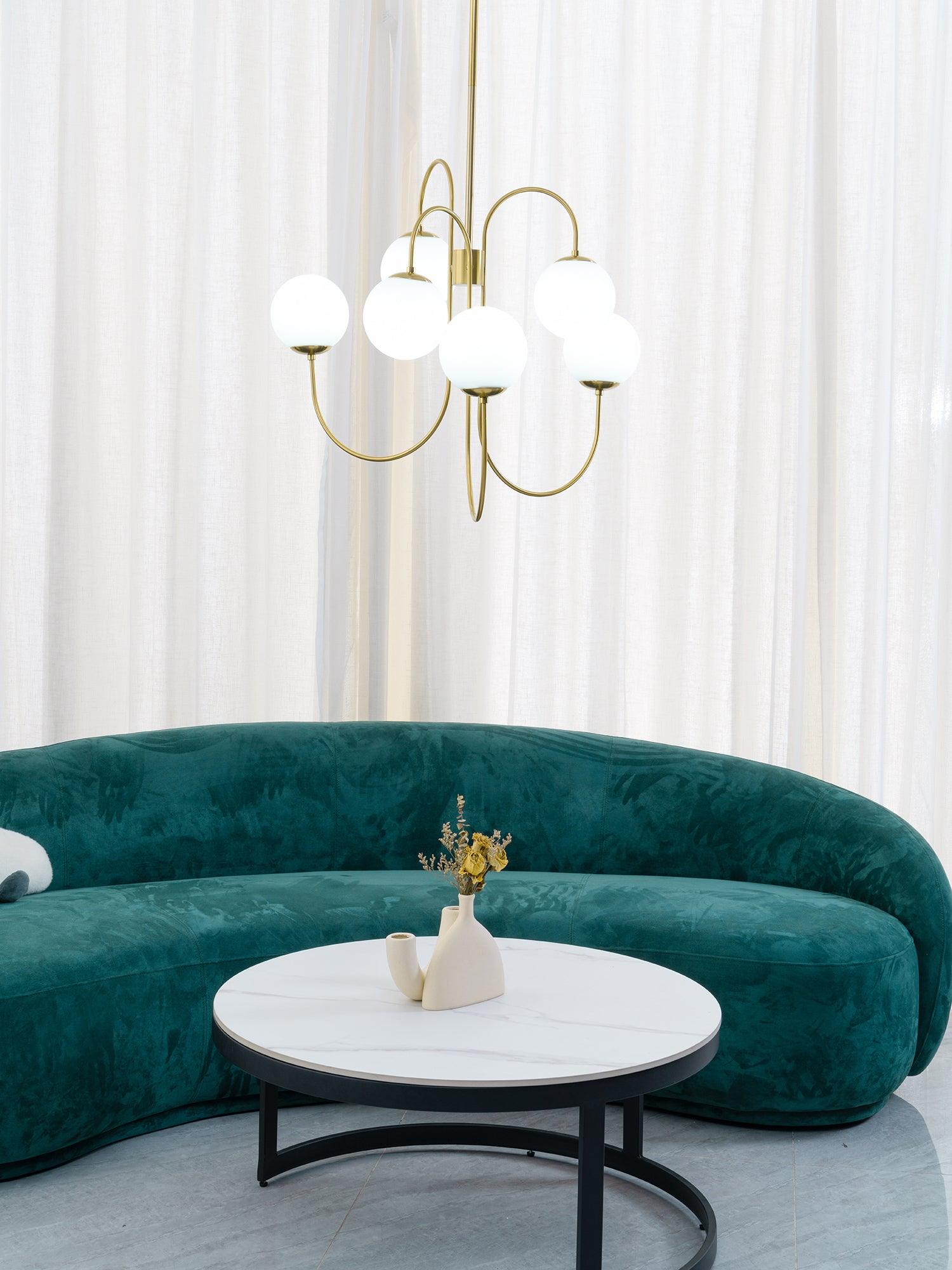 Gooseneck Chandelier | Salt-Blasted Glass Globes | Gold and Black