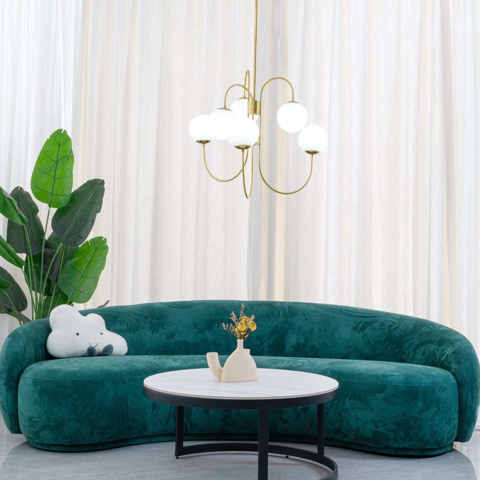 Gooseneck Chandelier | Salt-Blasted Glass Globes | Gold and Black