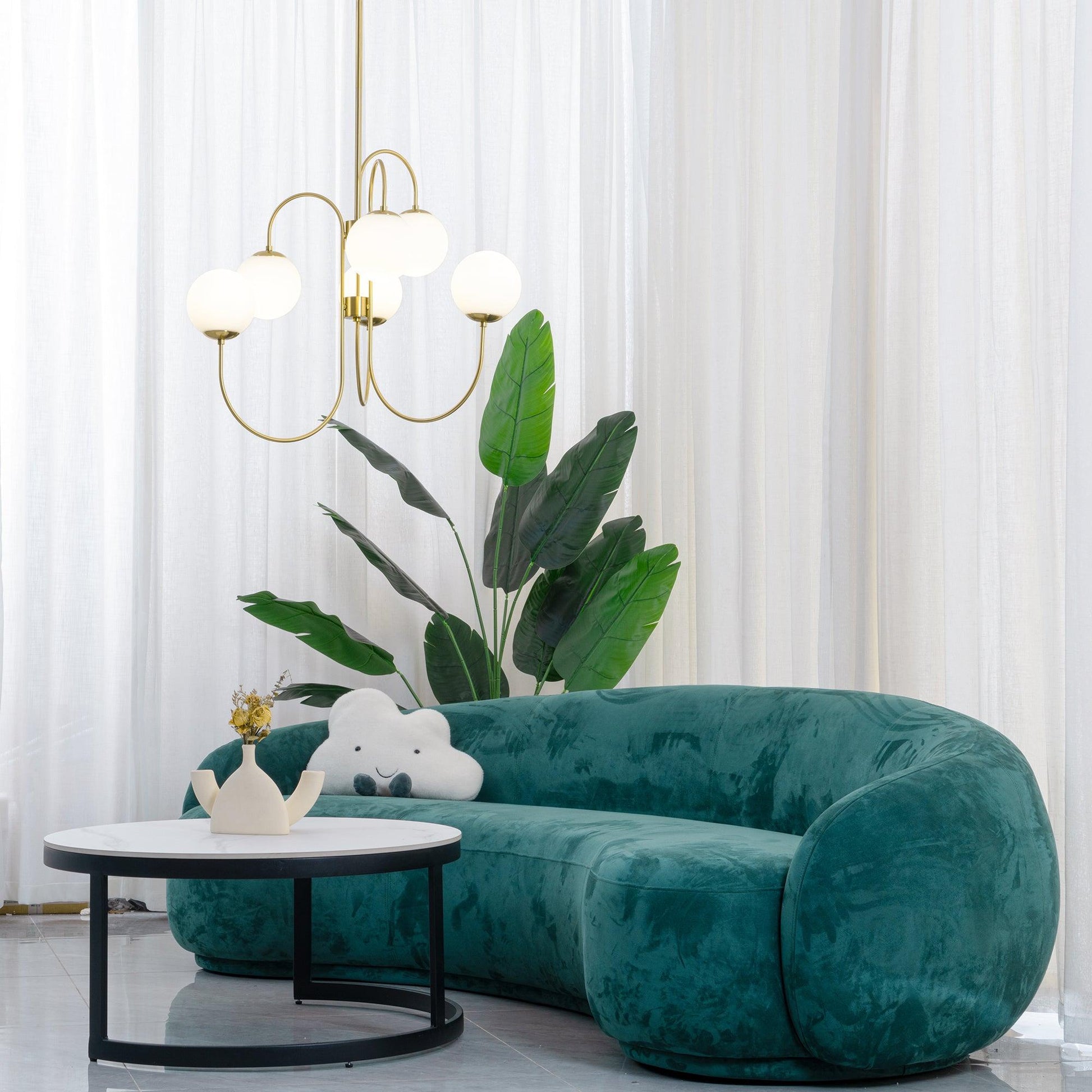Gooseneck Chandelier | Salt-Blasted Glass Globes | Gold and Black