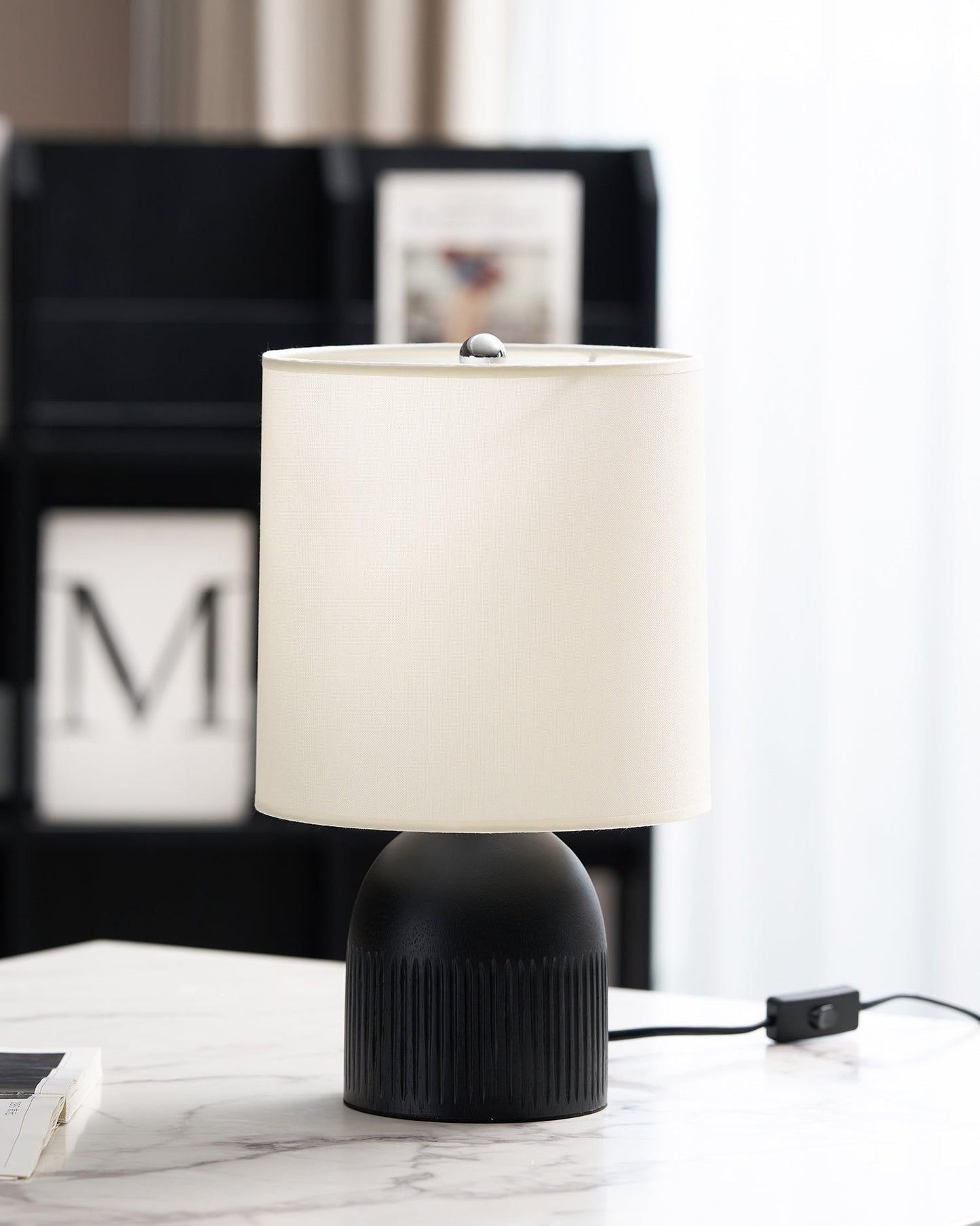 Table Lamp | Black Metal Base & White Fabric Shade | 23cm Diameter