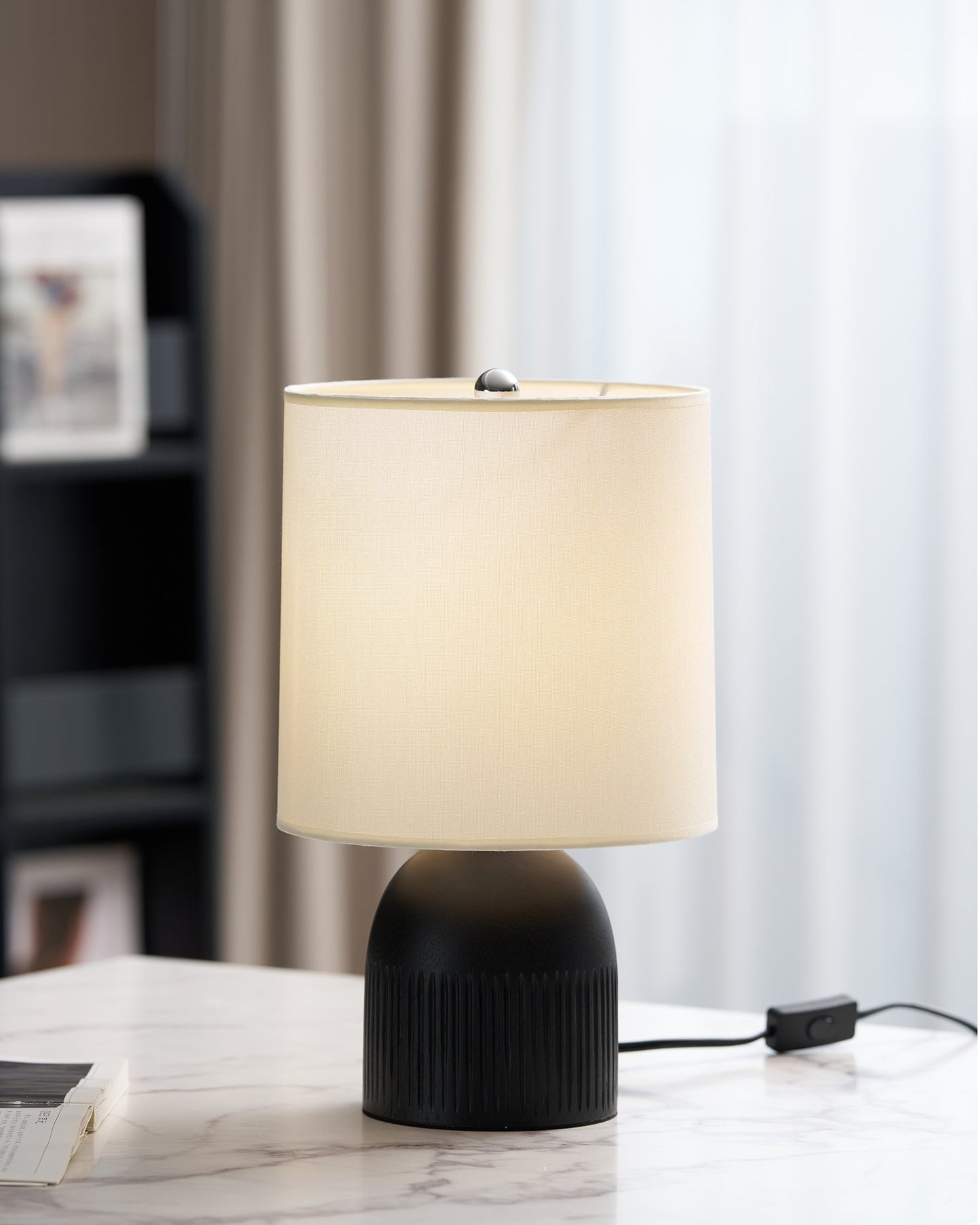 Table Lamp | Black Metal Base & White Fabric Shade | 23cm Diameter