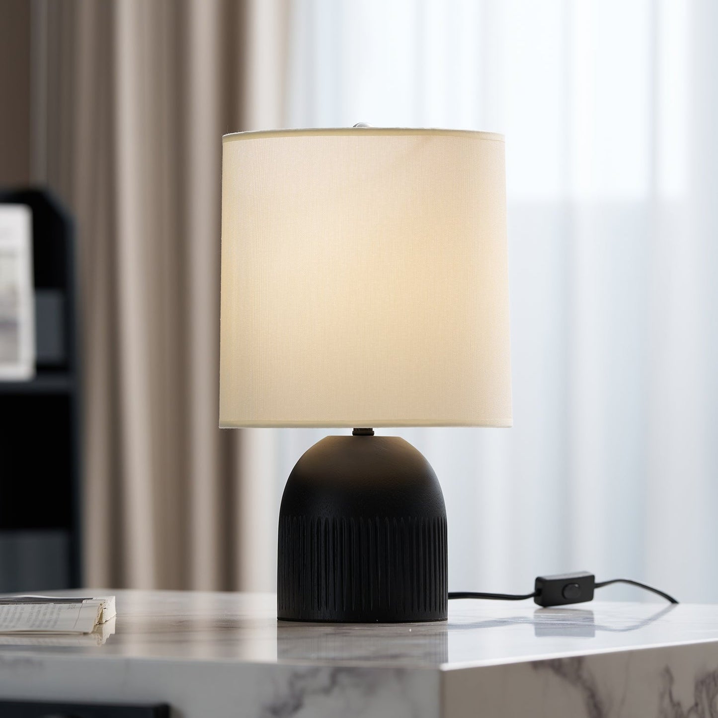Table Lamp | Black Metal Base & White Fabric Shade | 23cm Diameter