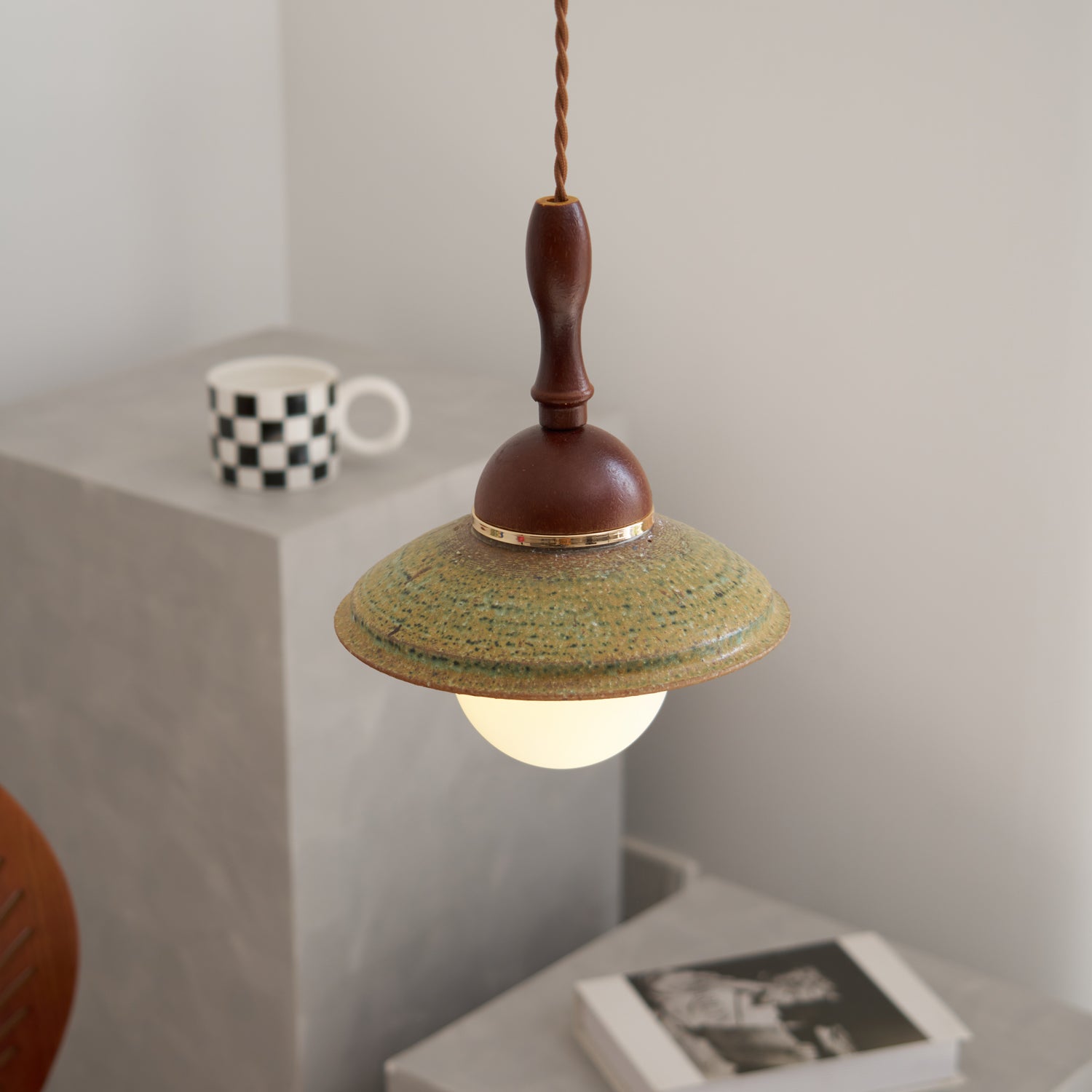 Greenfield Pendant Lamp | Ceramic & Wood | Green Shade, Walnut