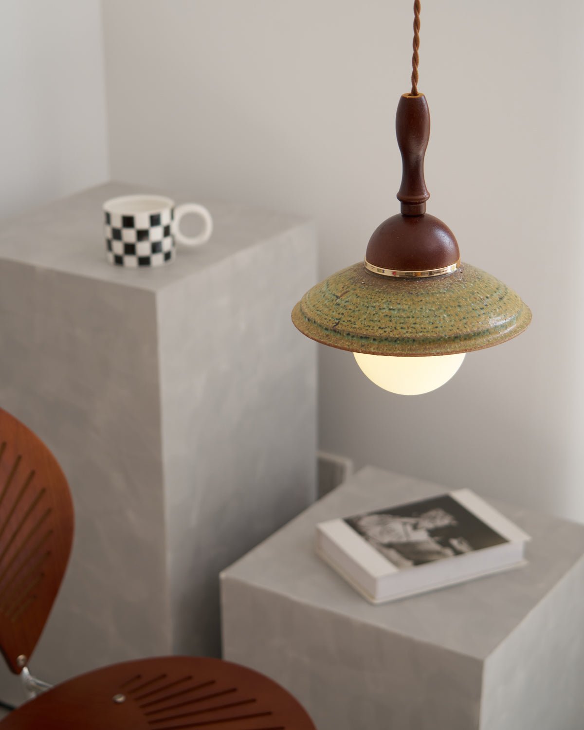Greenfield Pendant Lamp | Ceramic & Wood | Green Shade, Walnut