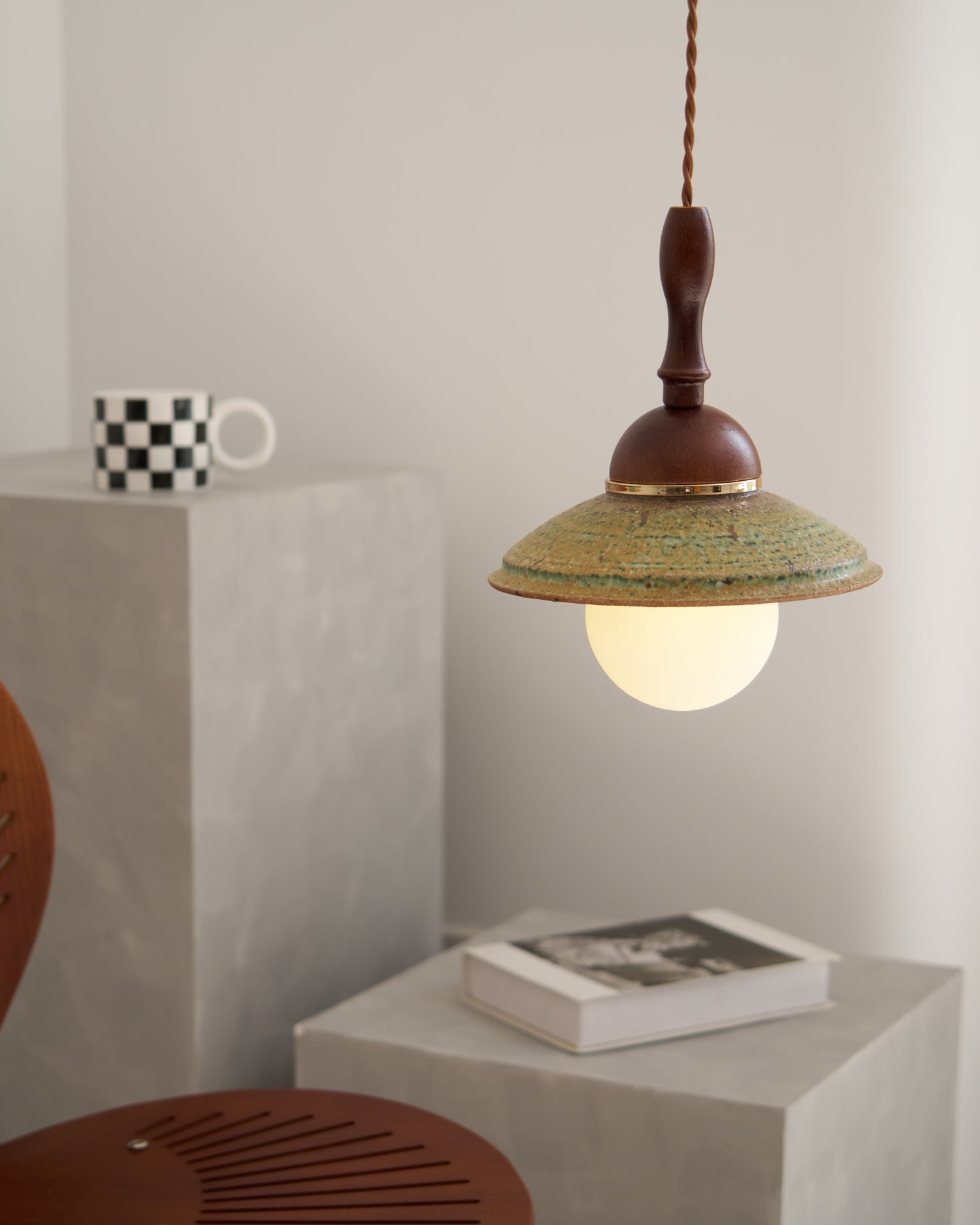 Greenfield Pendant Lamp | Ceramic & Wood | Green Shade, Walnut