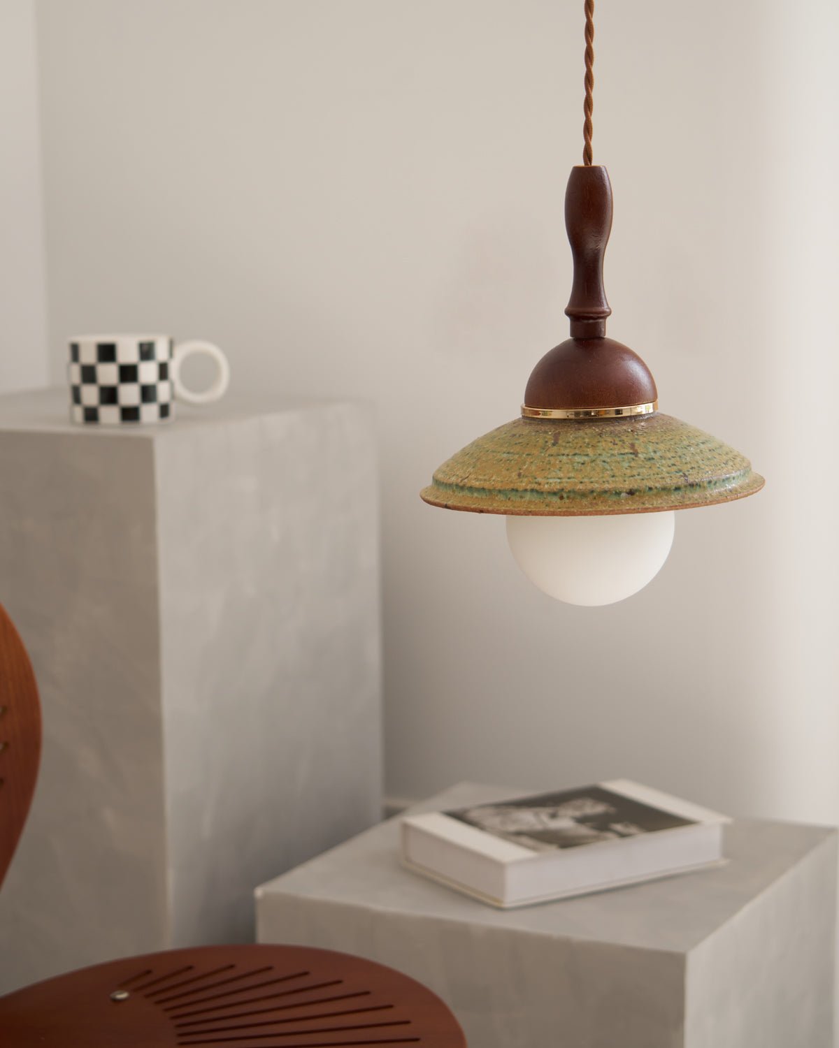 Greenfield Pendant Lamp | Ceramic & Wood | Green Shade, Walnut