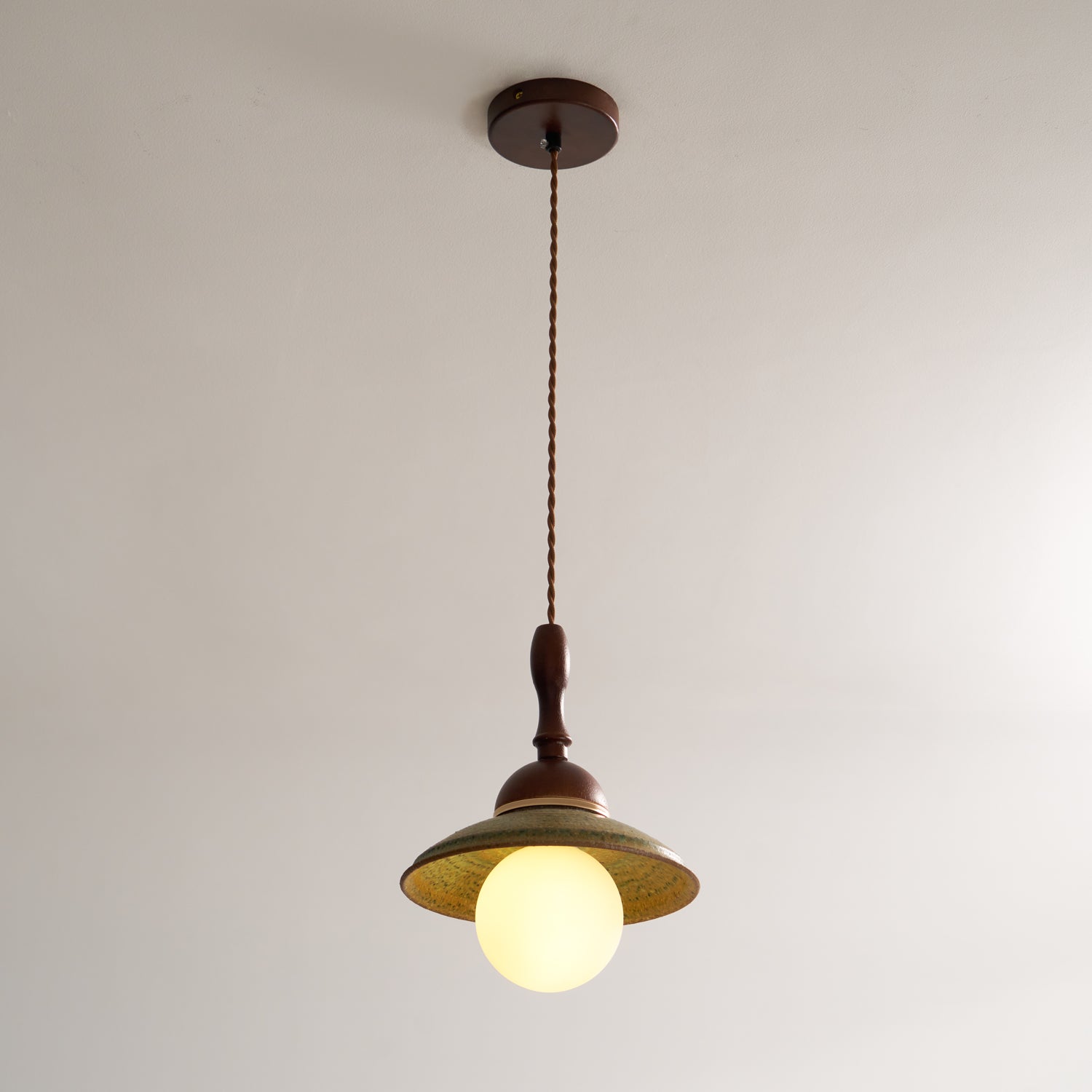 Greenfield Pendant Lamp | Ceramic & Wood | Green Shade, Walnut