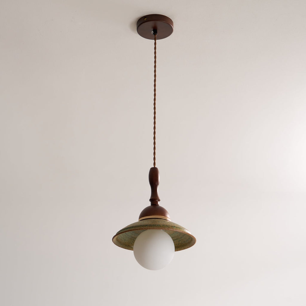 Greenfield Pendant Lamp | Ceramic & Wood | Green Shade, Walnut