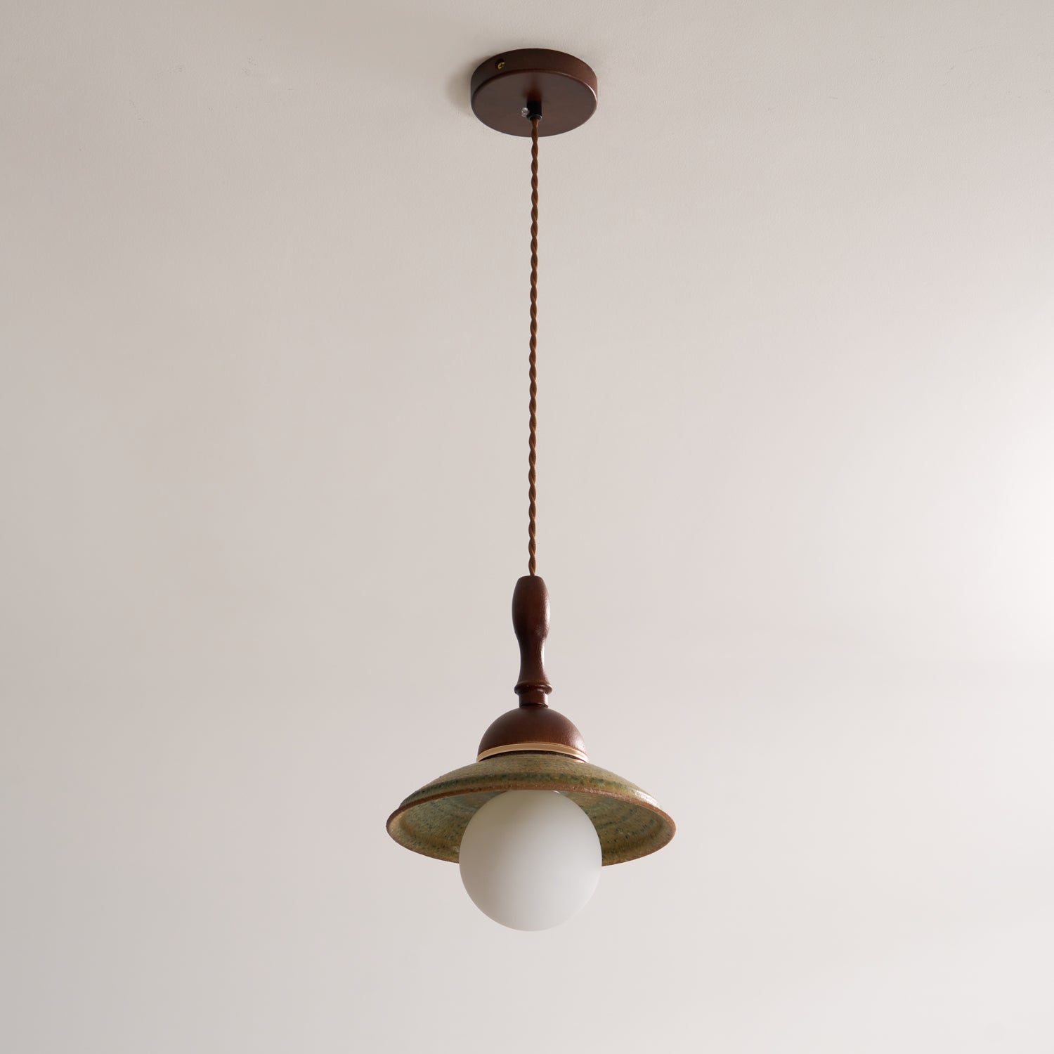 Greenfield Pendant Lamp | Ceramic & Wood | Green Shade, Walnut