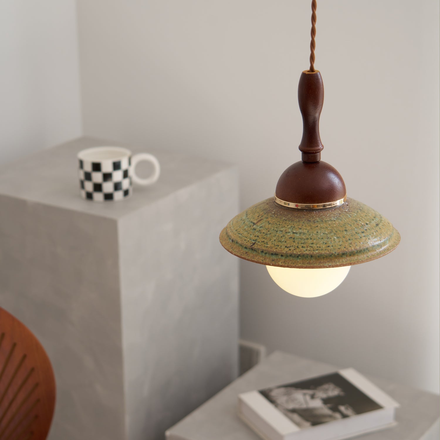 Greenfield Pendant Lamp | Ceramic & Wood | Green Shade, Walnut