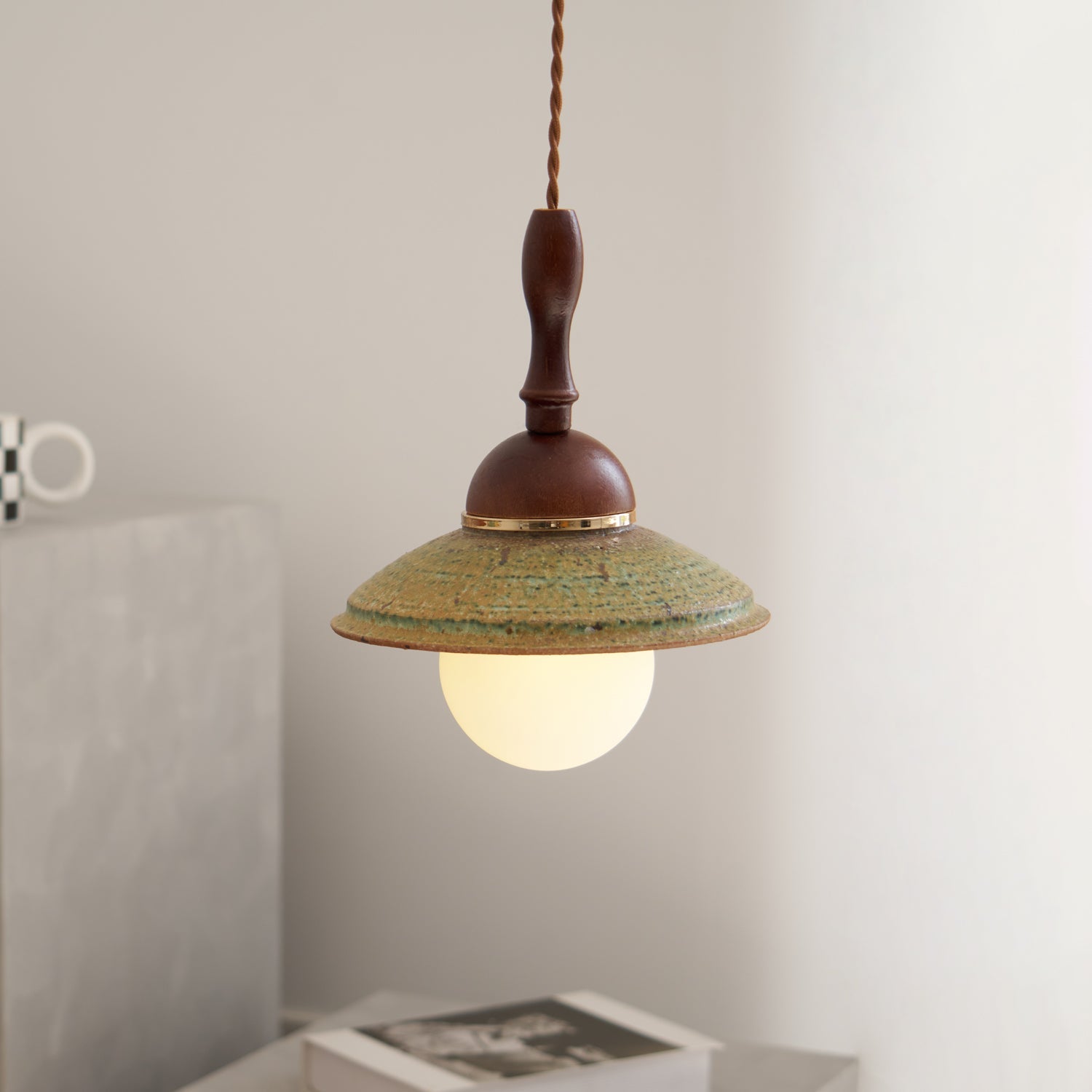 Greenfield Pendant Lamp | Ceramic & Wood | Green Shade, Walnut