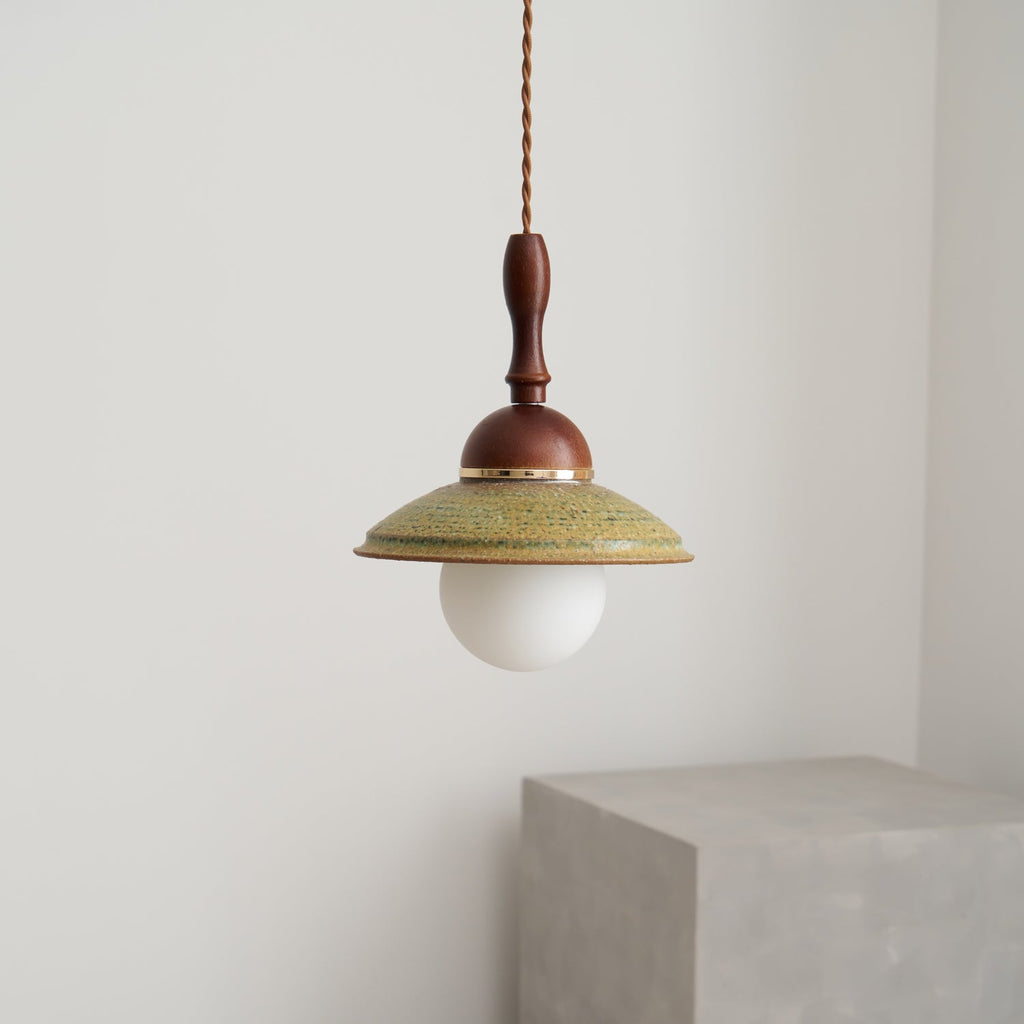 Greenfield Pendant Lamp | Ceramic & Wood | Green Shade, Walnut