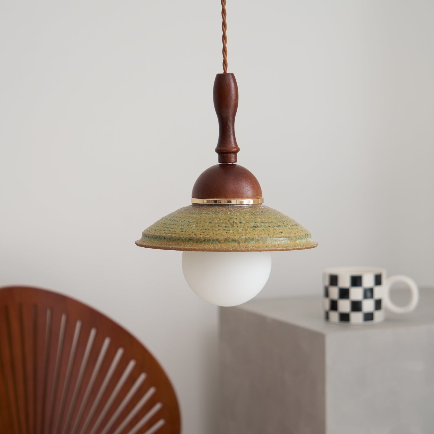 Greenfield Pendant Lamp | Ceramic & Wood | Green Shade, Walnut