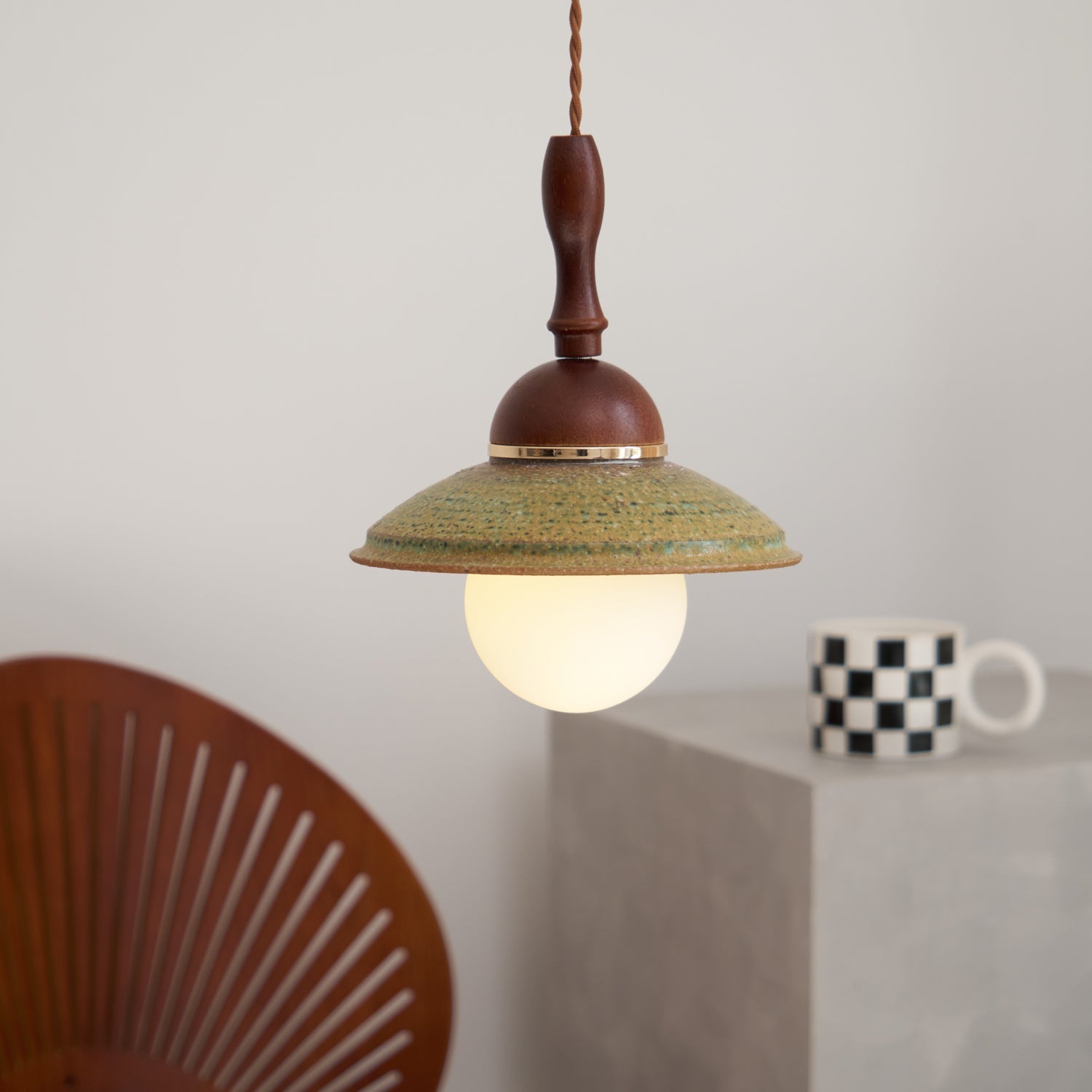 Greenfield Pendant Lamp | Ceramic & Wood | Green Shade, Walnut