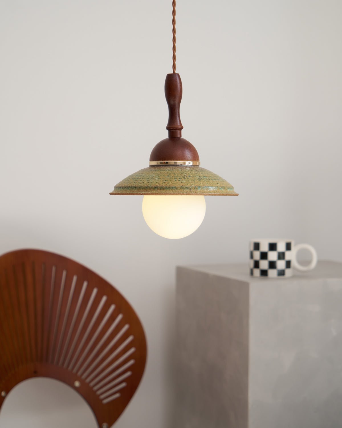 Greenfield Pendant Lamp | Ceramic & Wood | Green Shade, Walnut