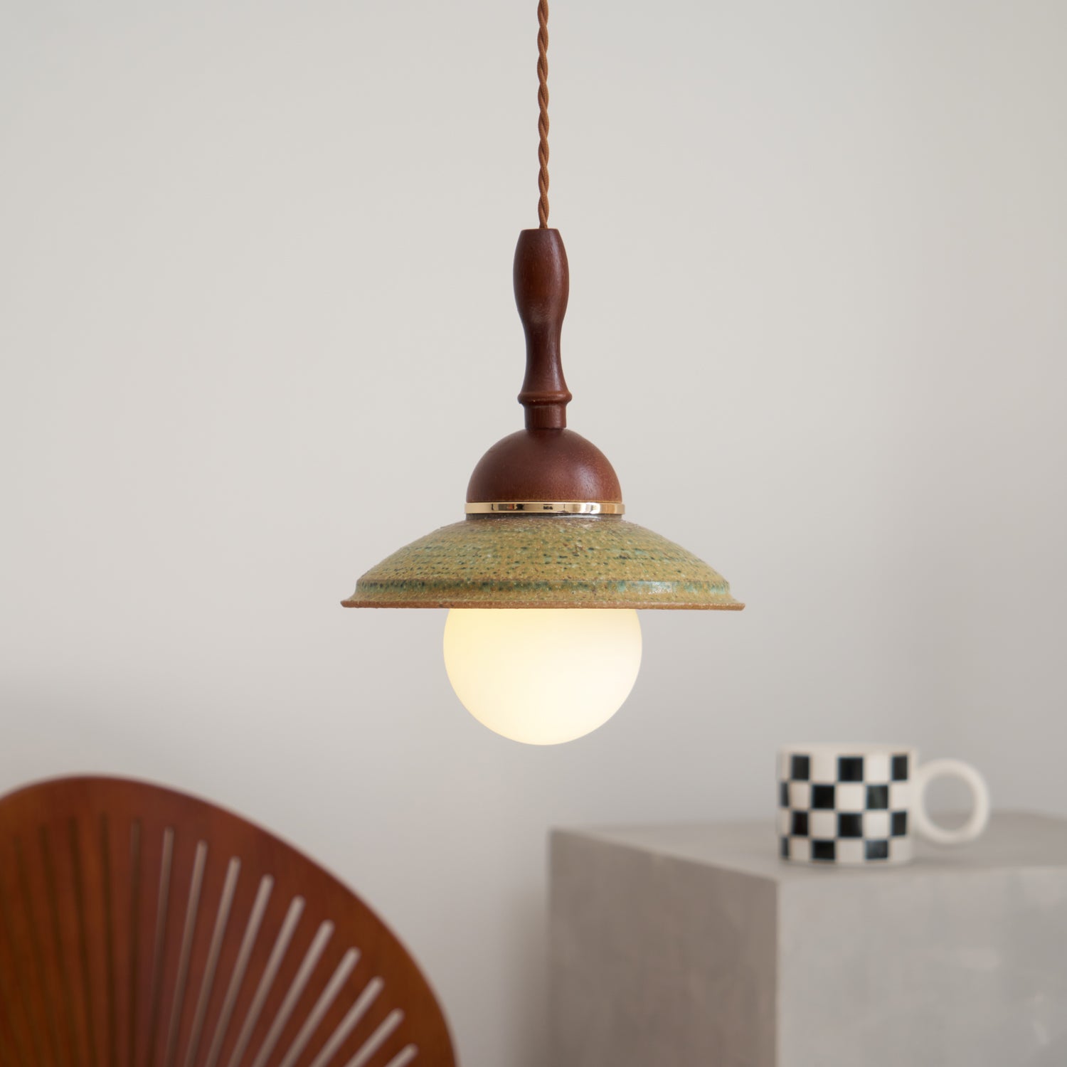 Greenfield Pendant Lamp | Ceramic & Wood | Green Shade, Walnut
