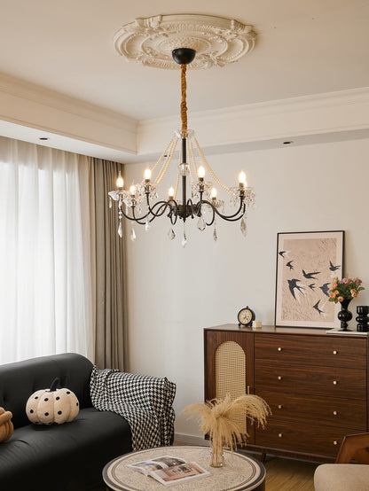 Crystal Chandelier | Black-Coated Iron & Clear Glass | 6 or 8 Lights